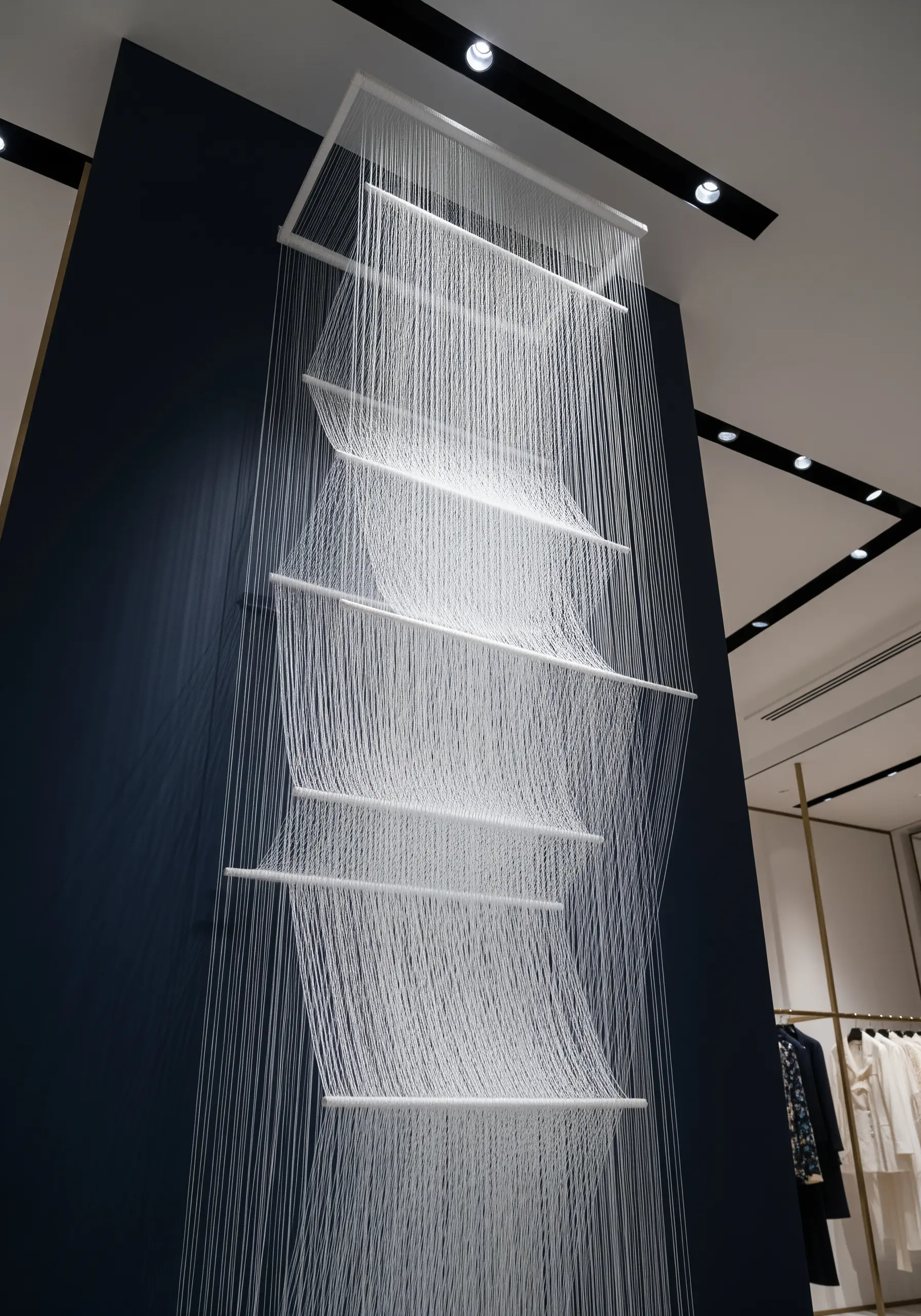 Abstract installation of white threads creating 3D curves against dark blue