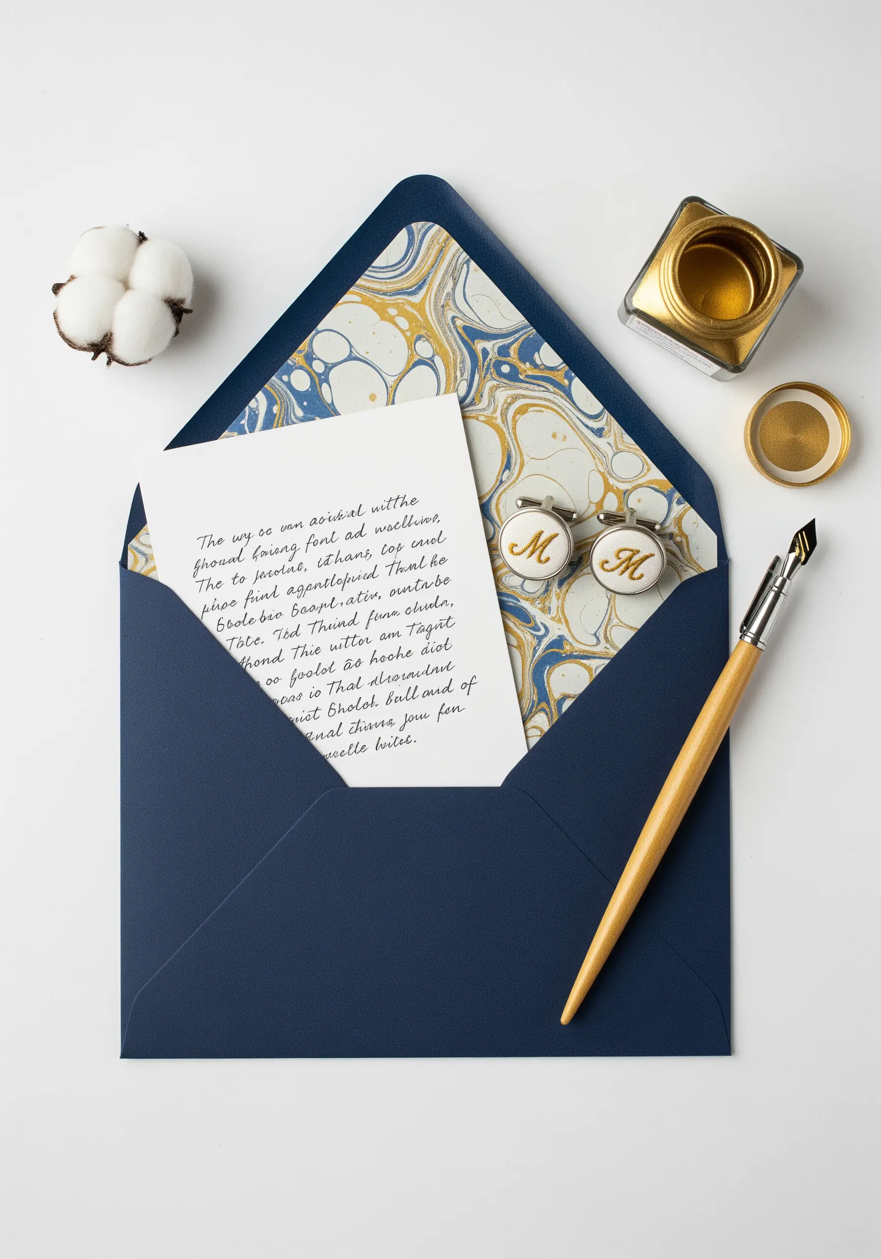 Monogrammed embroidered cufflinks resting on a note inside a marbled paper-lined envelope.