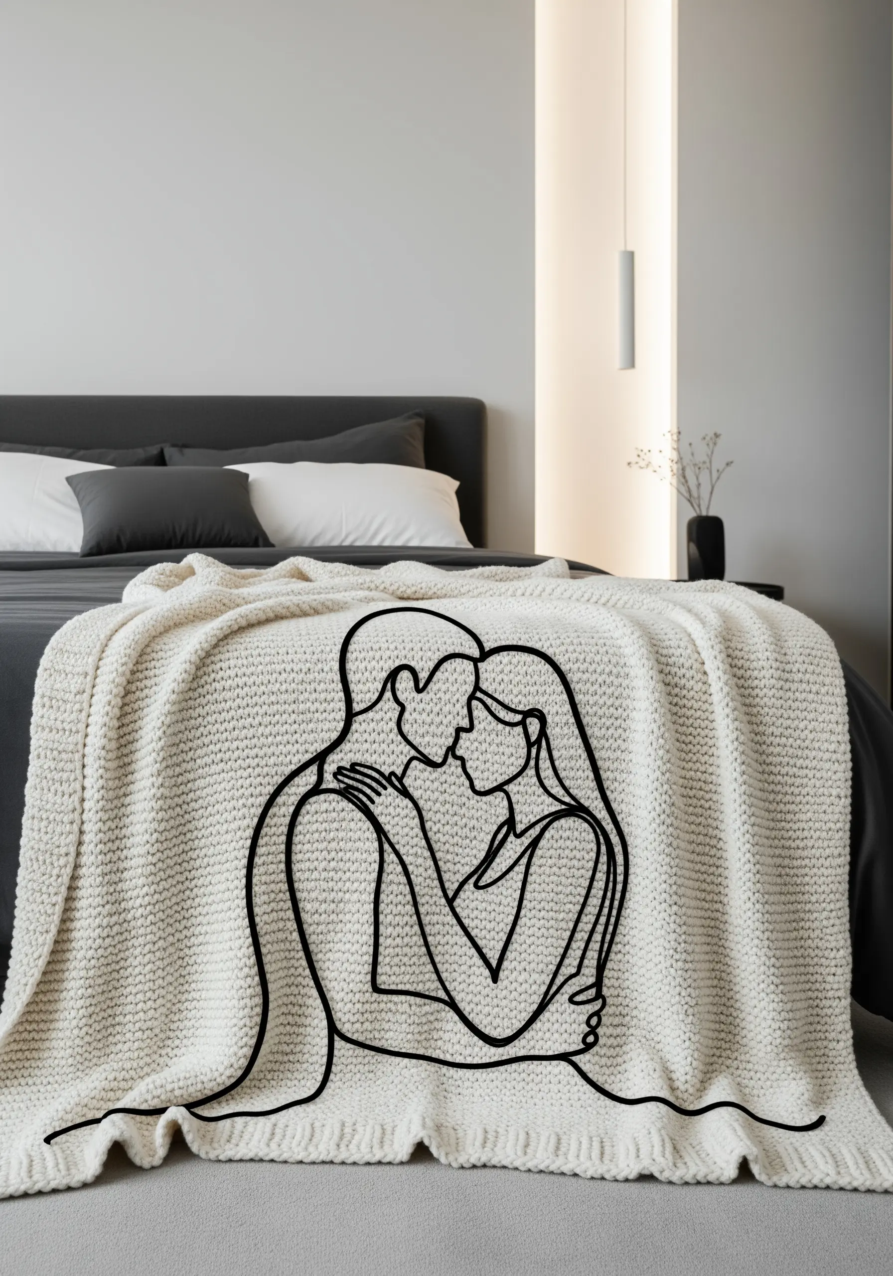 Minimalist one-line art of an embracing couple embroidered on a cream knit blanket.