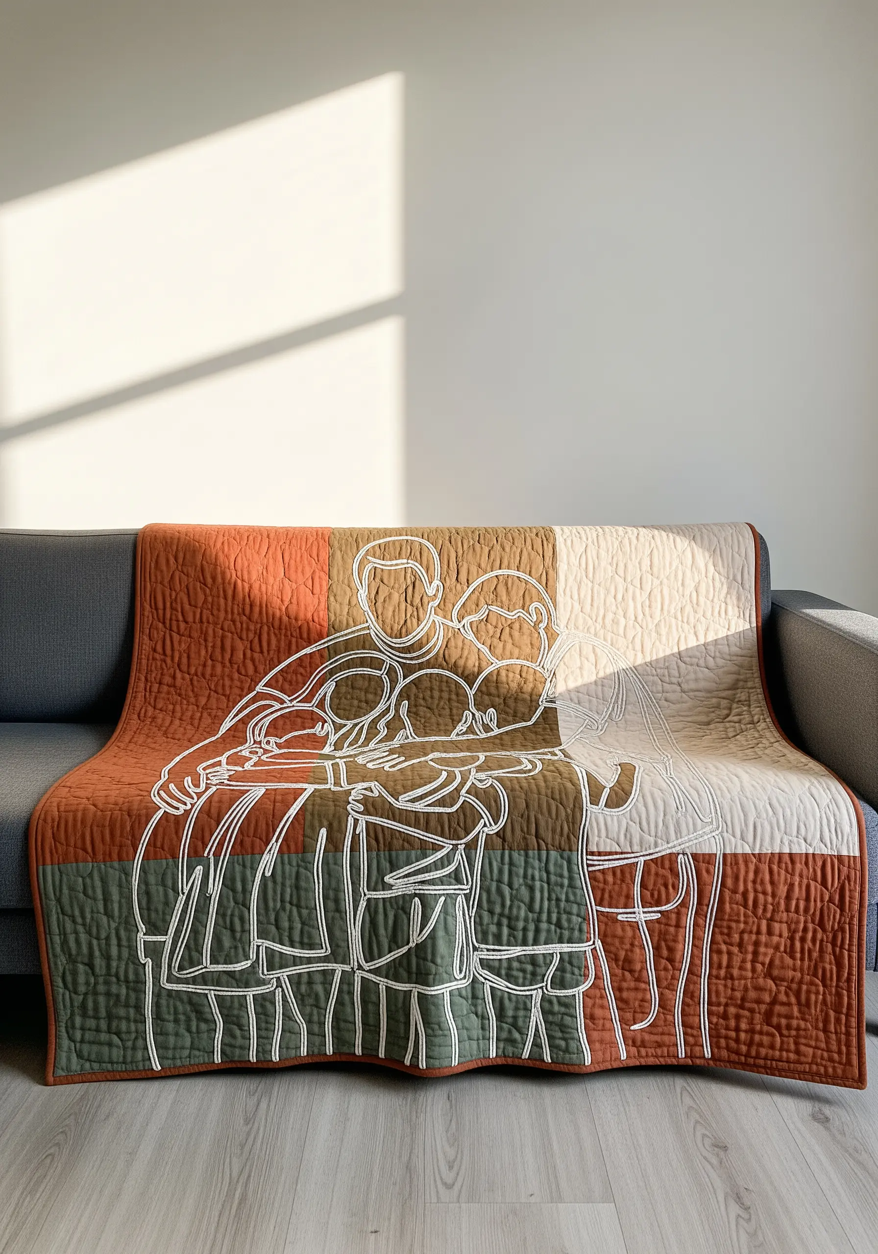 A line art family portrait stitched in white thread across a color-blocked quilt in earthy tones.