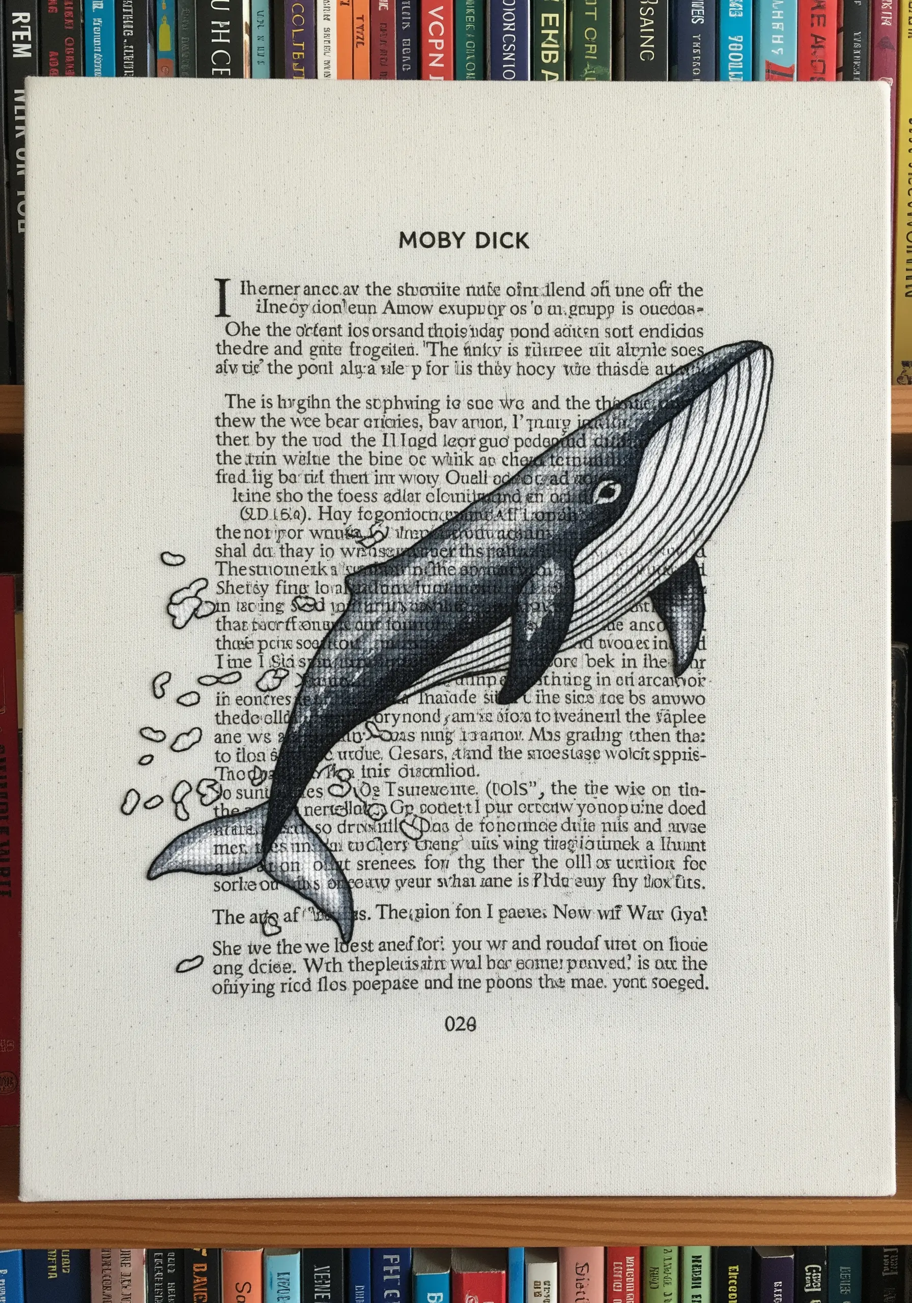 An embroidery of Moby Dick stitched over a printed page from the book itself.