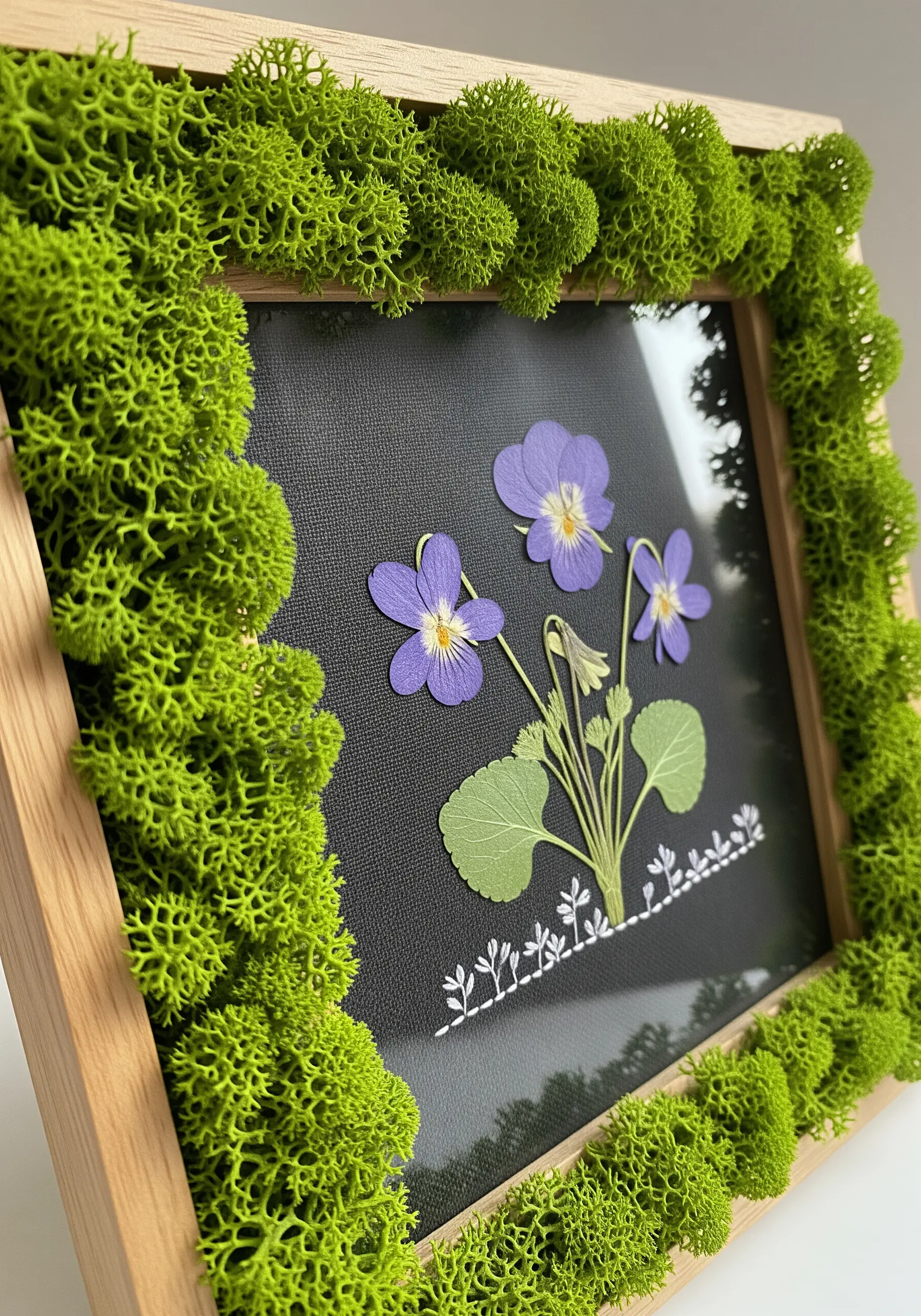Violet flowers framed by a thick border of green moss