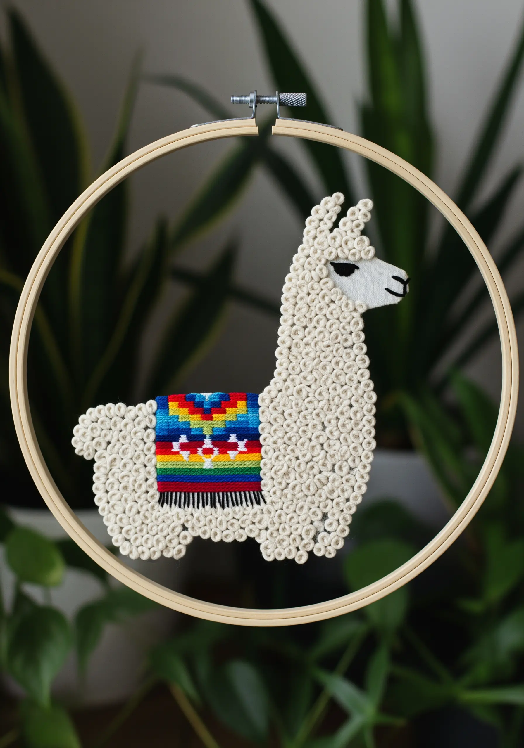 Llama embroidery with looped wool texture and colorful saddle