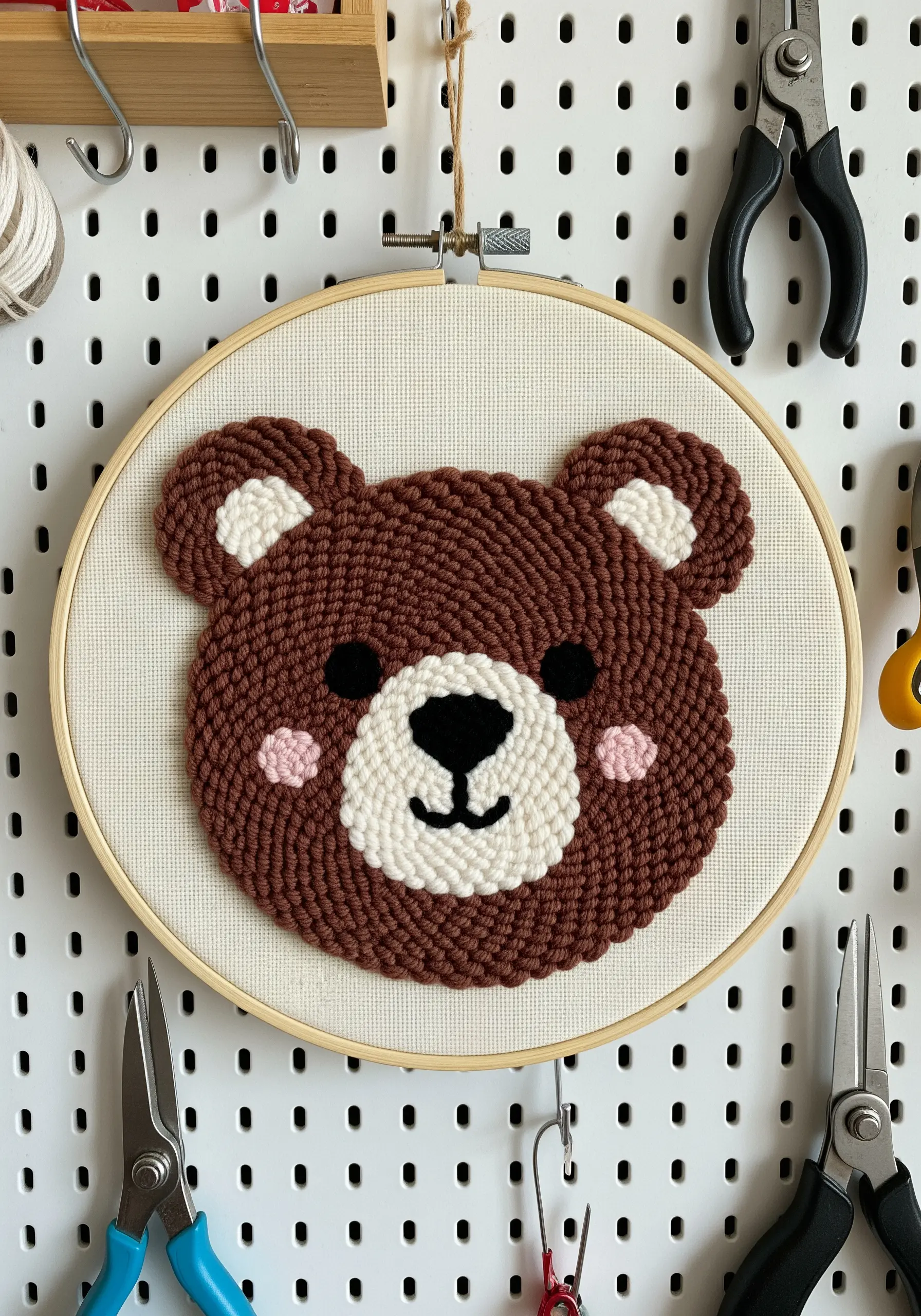 Punch needle embroidery of a bear face in a hoop