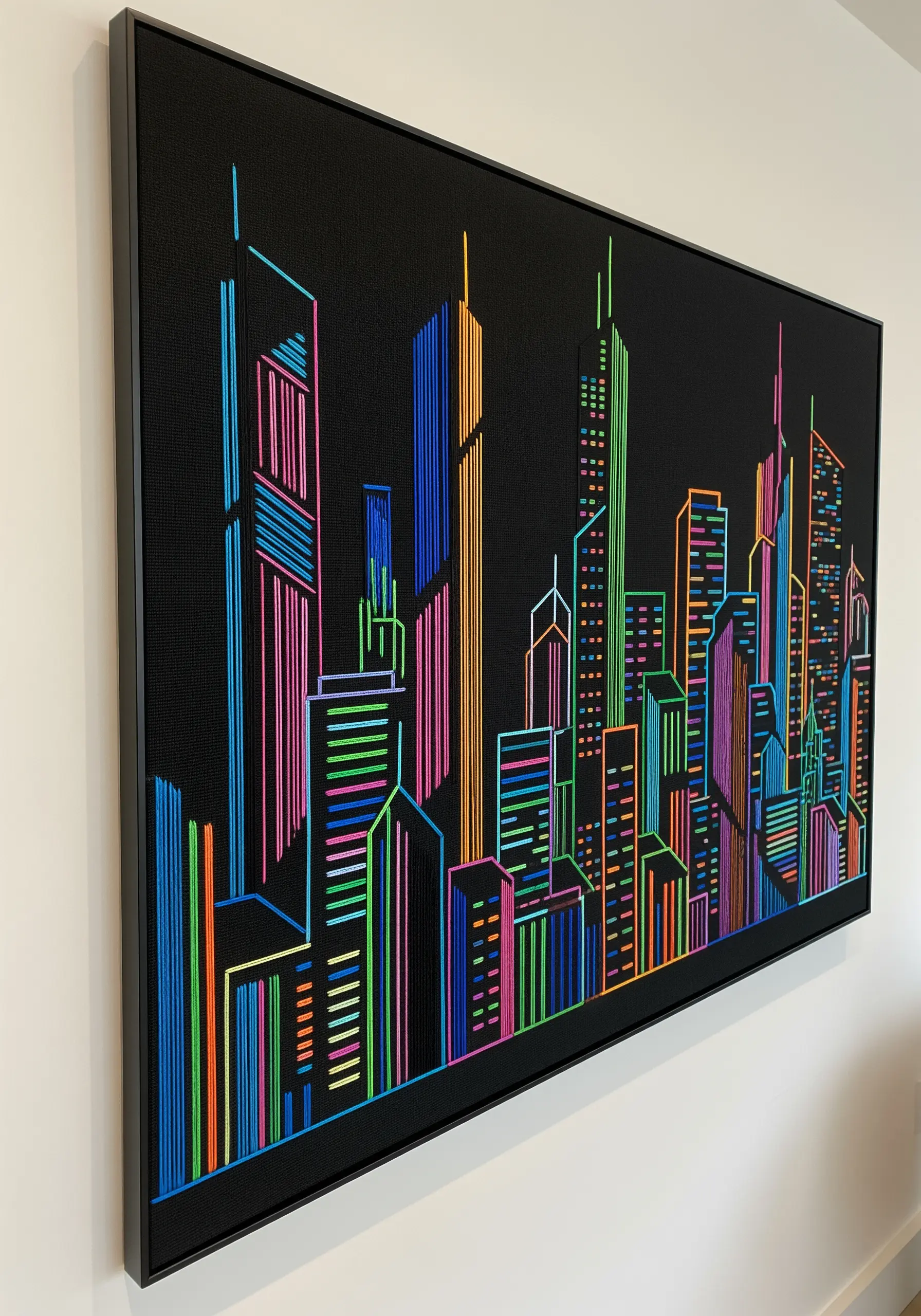 A vibrant, abstract neon cityscape created with long vertical stitches on black fabric.