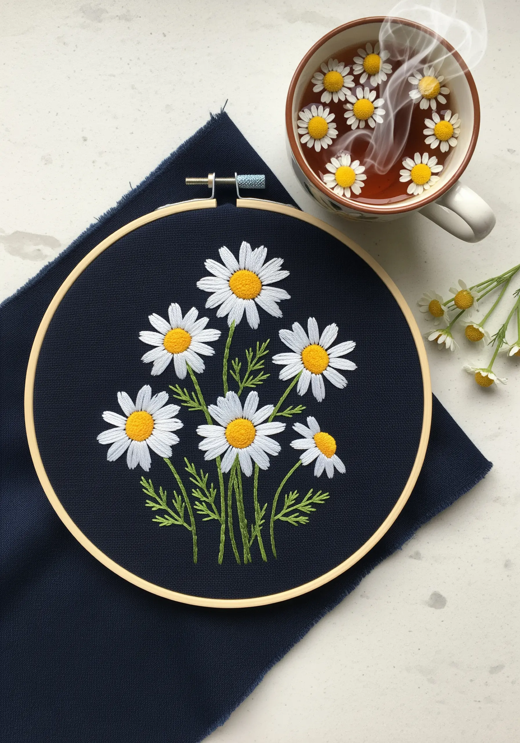 Bright white embroidered daisies with yellow centers on dark navy blue fabric.
