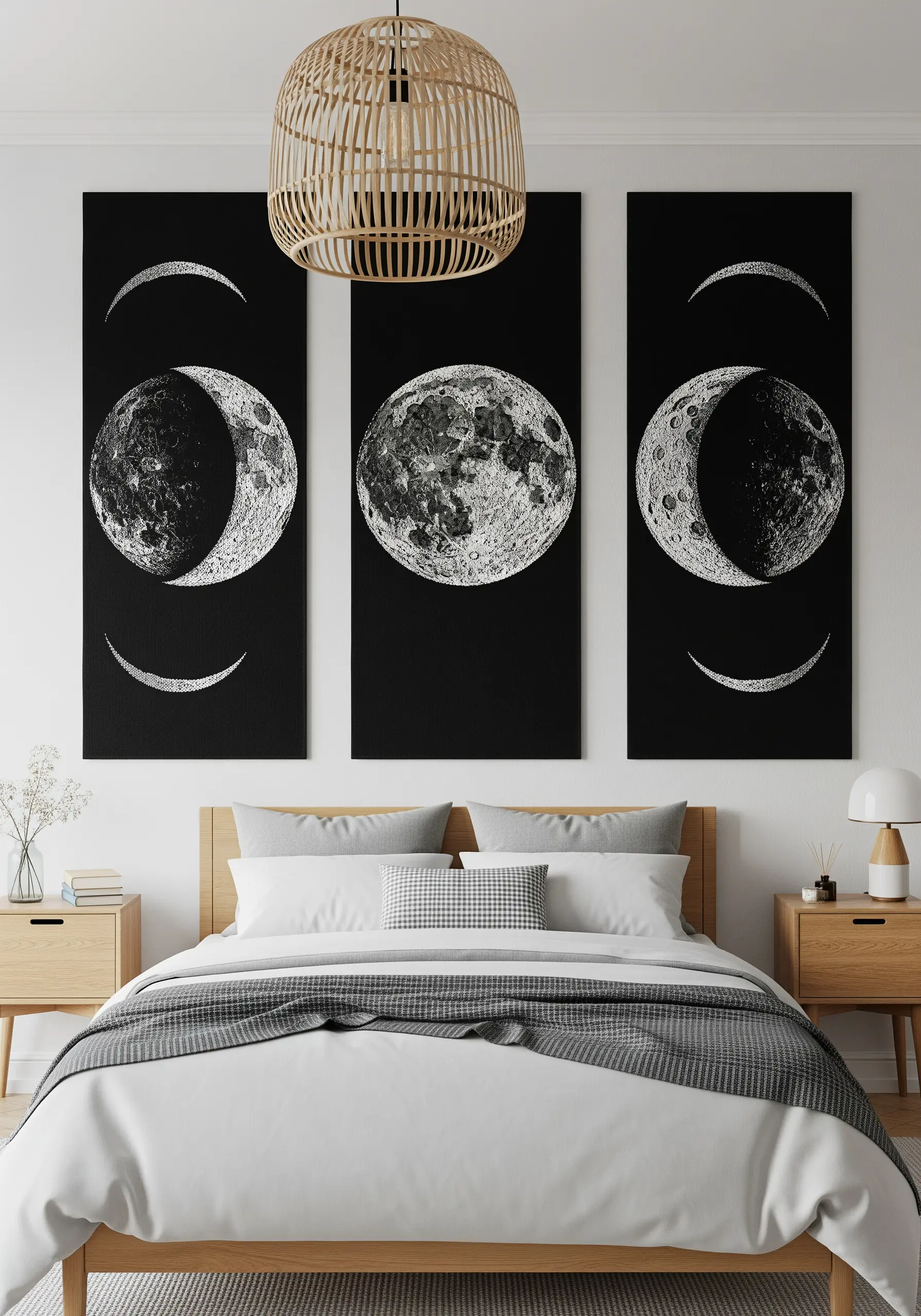 A triptych of black canvases showing different phases of the moon in textured white embroidery.