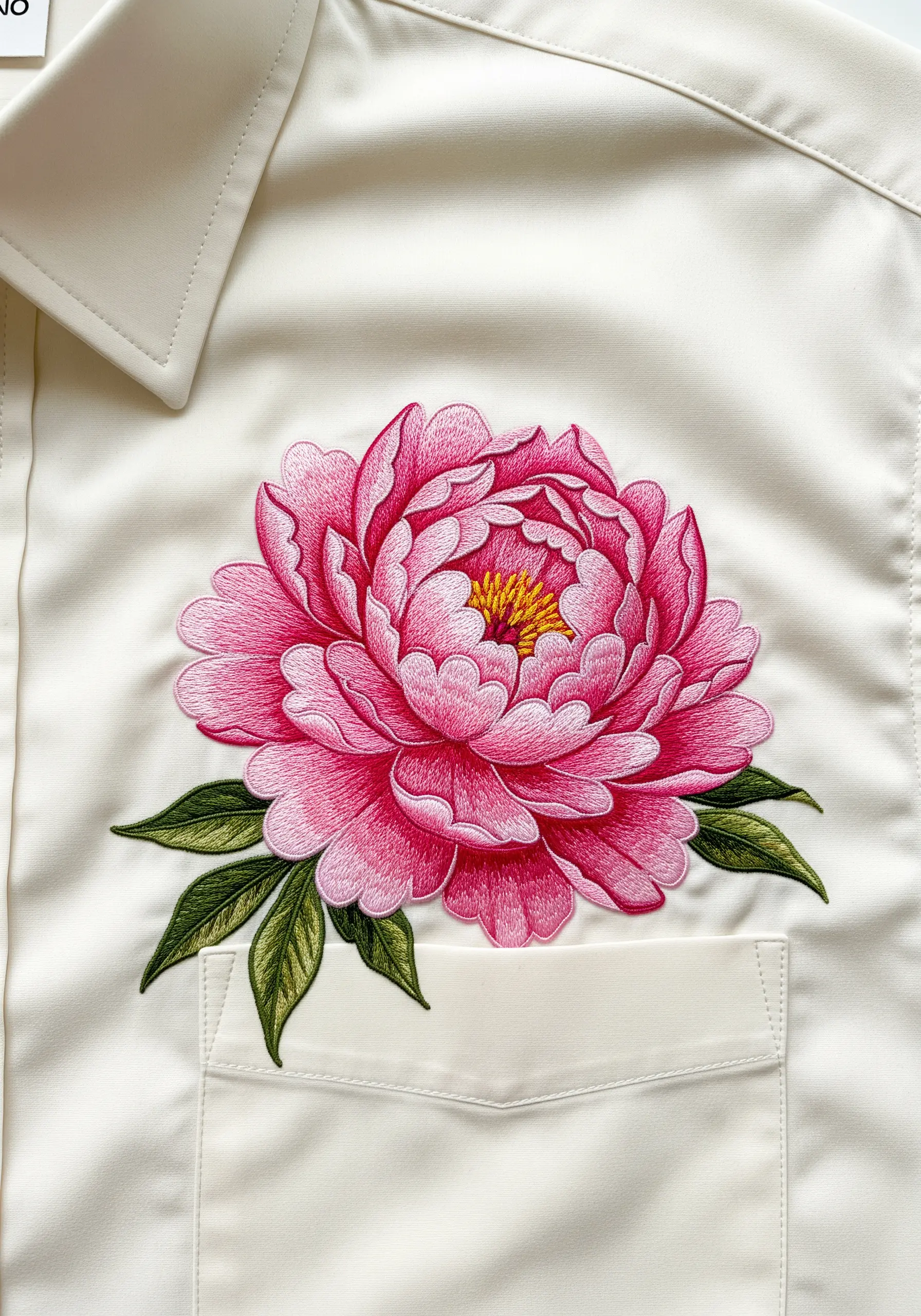 A large, intricate pink peony embroidered above the pocket of a cream-colored shirt.