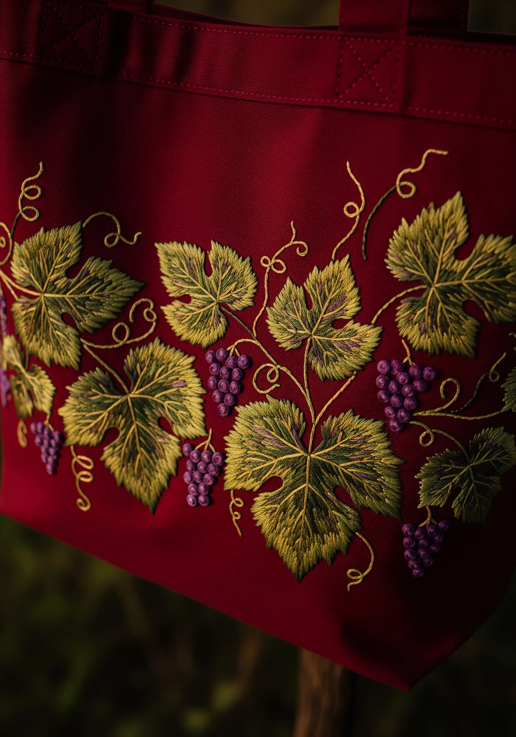 Embroidered grapevine with green leaves and purple grape clusters on a burgundy tote bag.