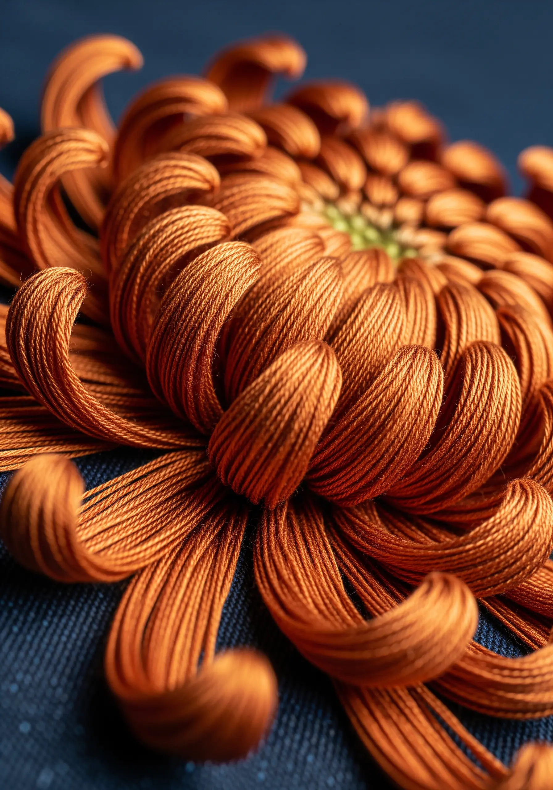 Close-up of bronze chrysanthemum embroidery using looped, thick threads