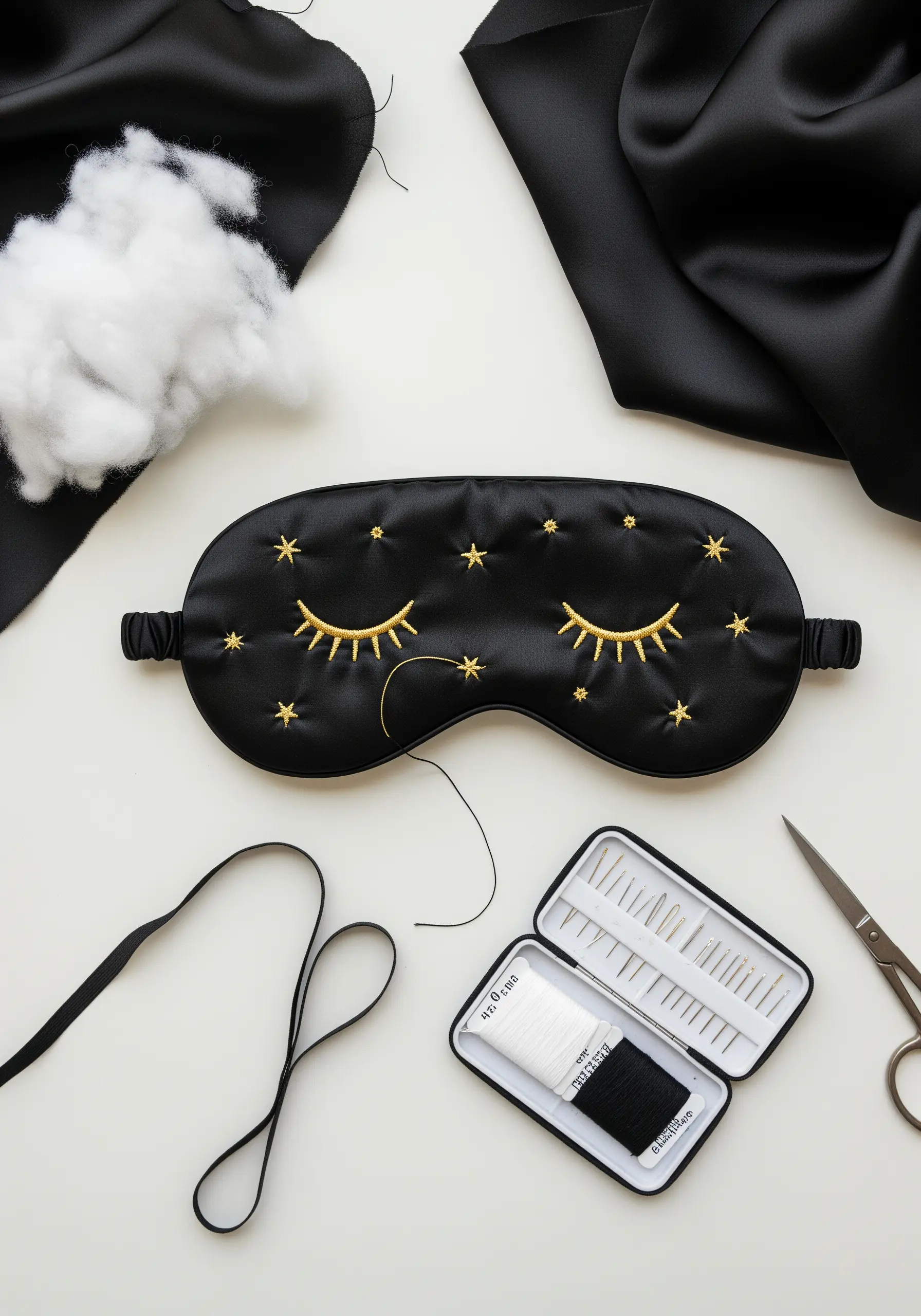 A black silk eye mask with embroidered gold lashes and stars