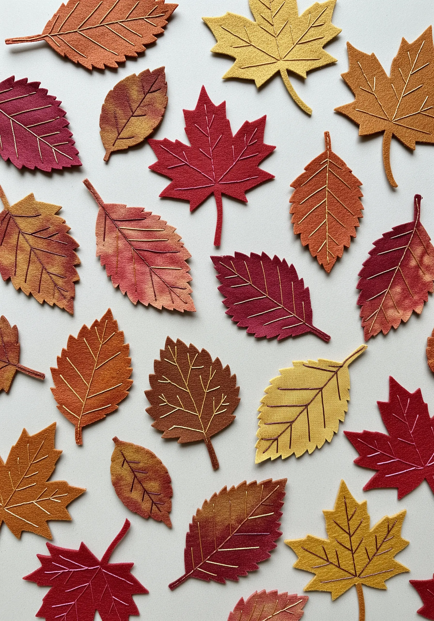 Felt autumn leaves with delicate vein details added using machine stitching.