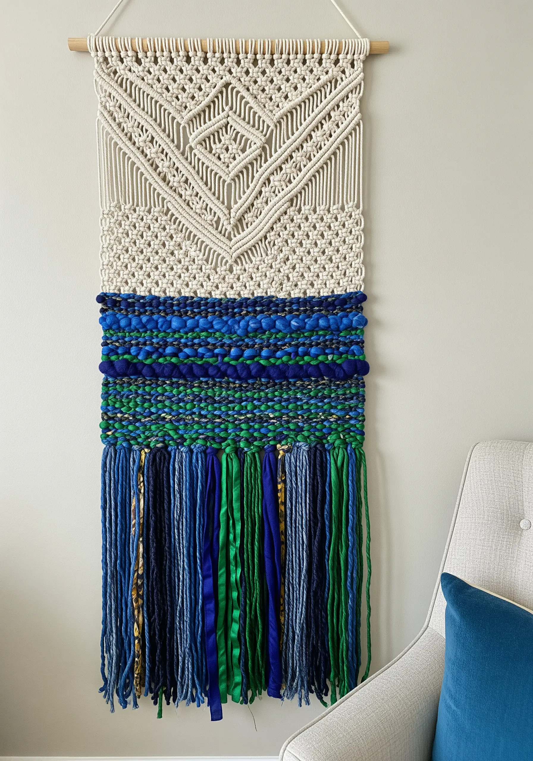 A wall hanging combining a cream macramé top with a woven bottom section in shades of blue and green.