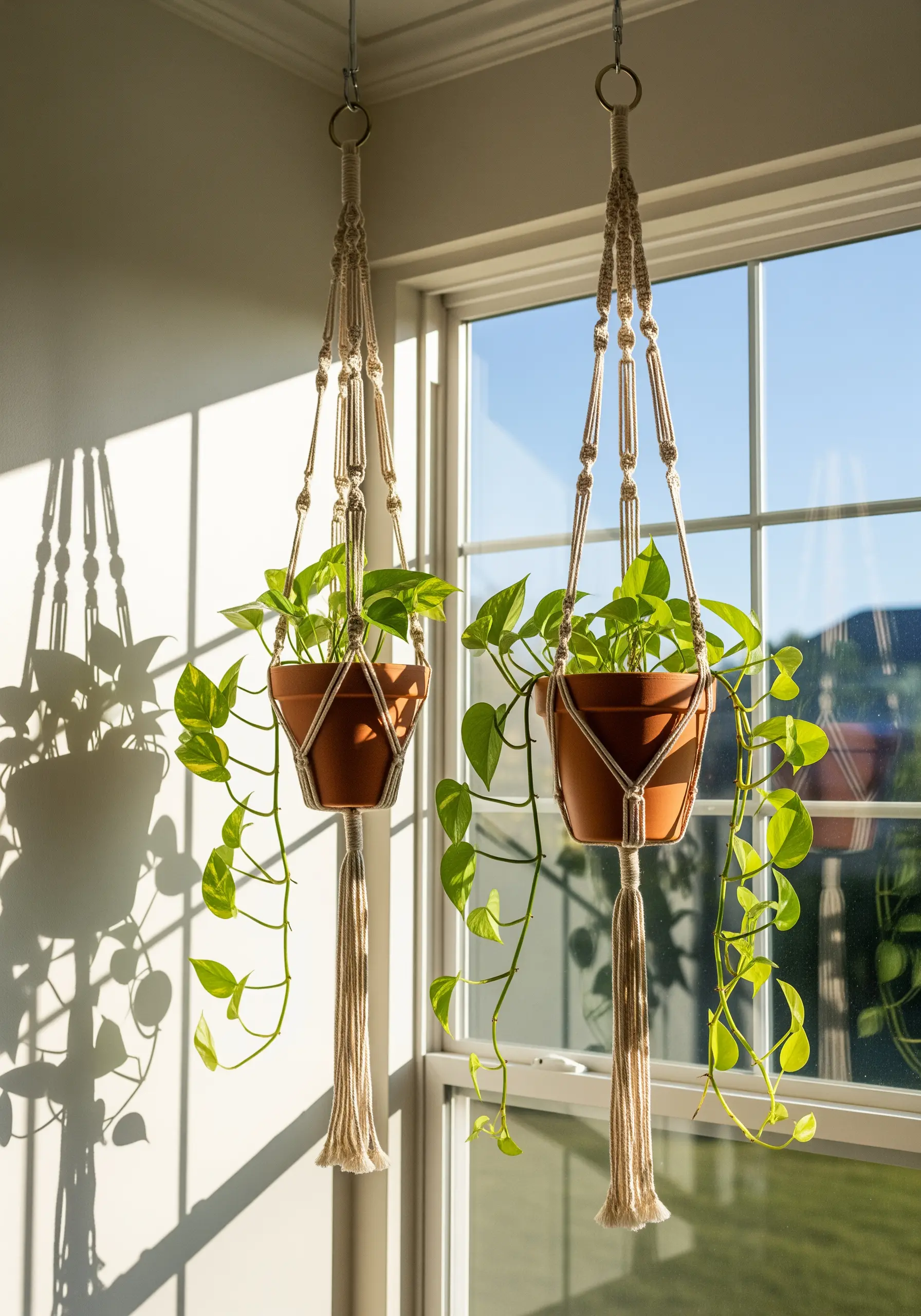 Two macrame plant hangers holding green potted plants in a sunny window.