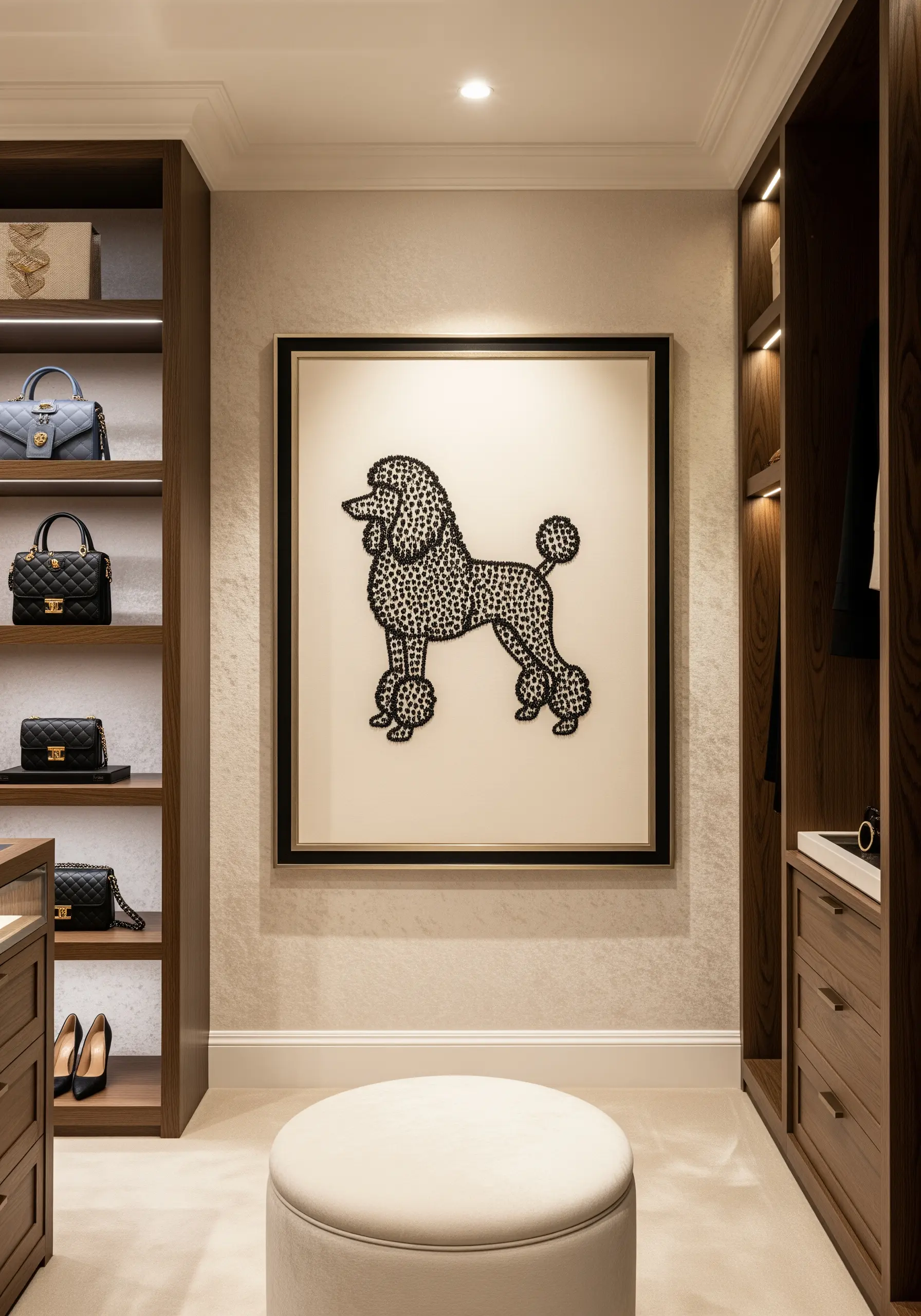 Large framed poodle silhouette made of dense black textured stitches