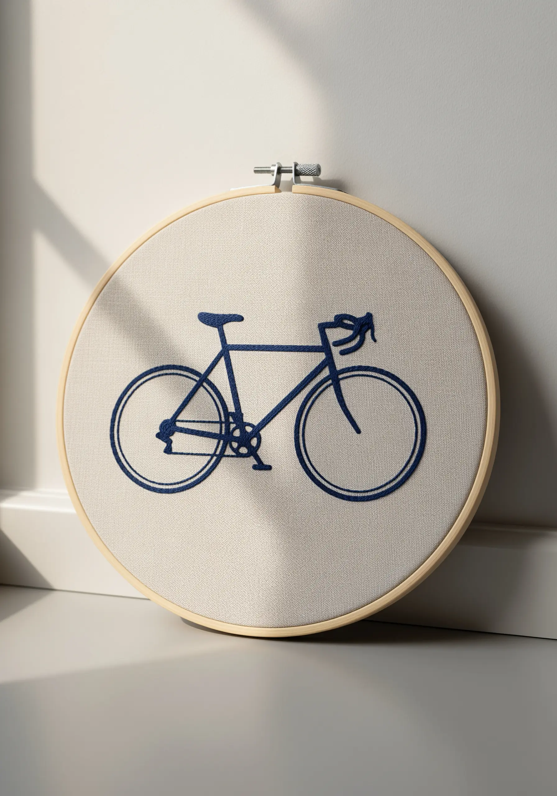 A line art embroidery of a bicycle in dark blue thread, leaning against a wall.