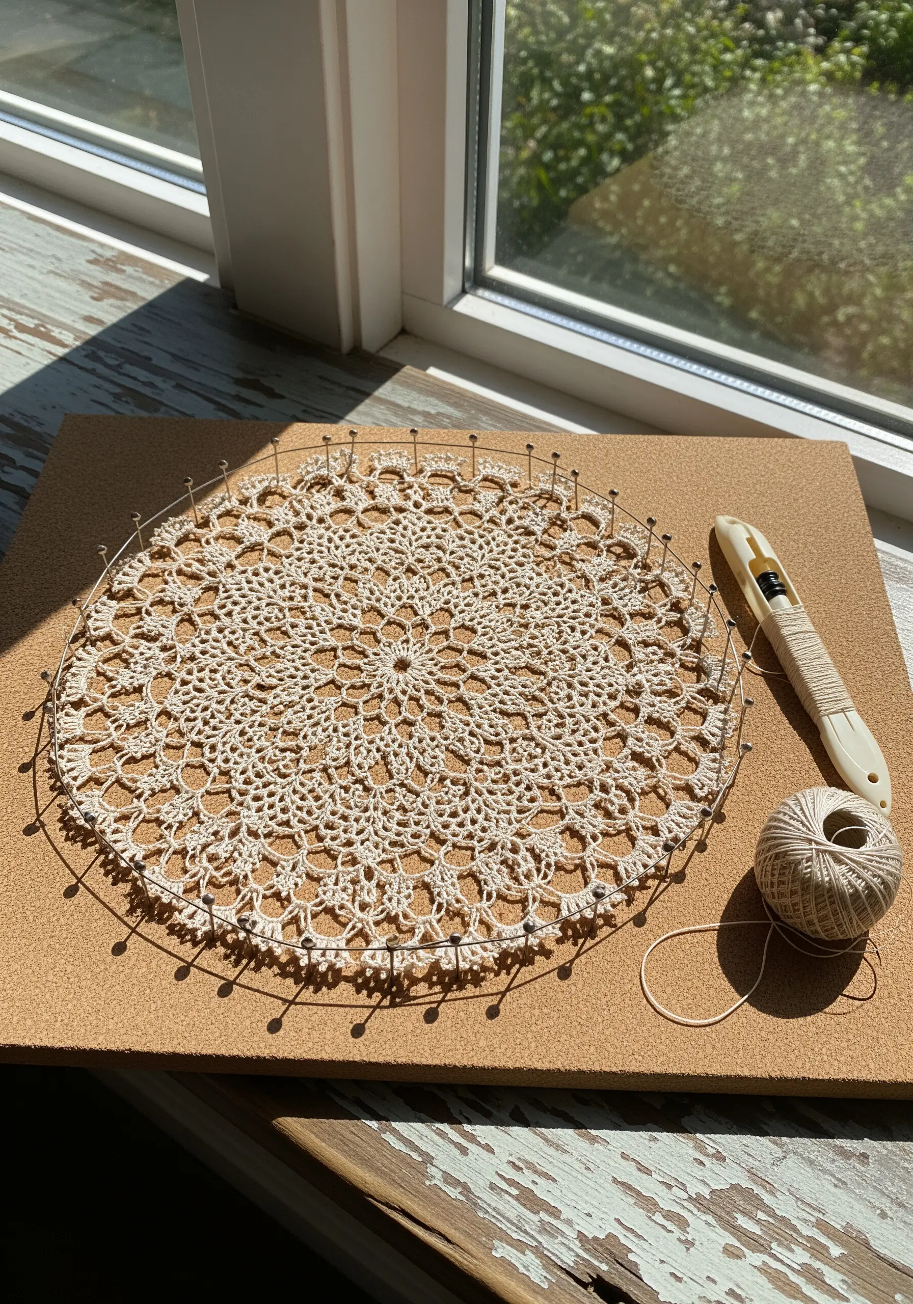 Teneriffe lace wheel being made on a cork board