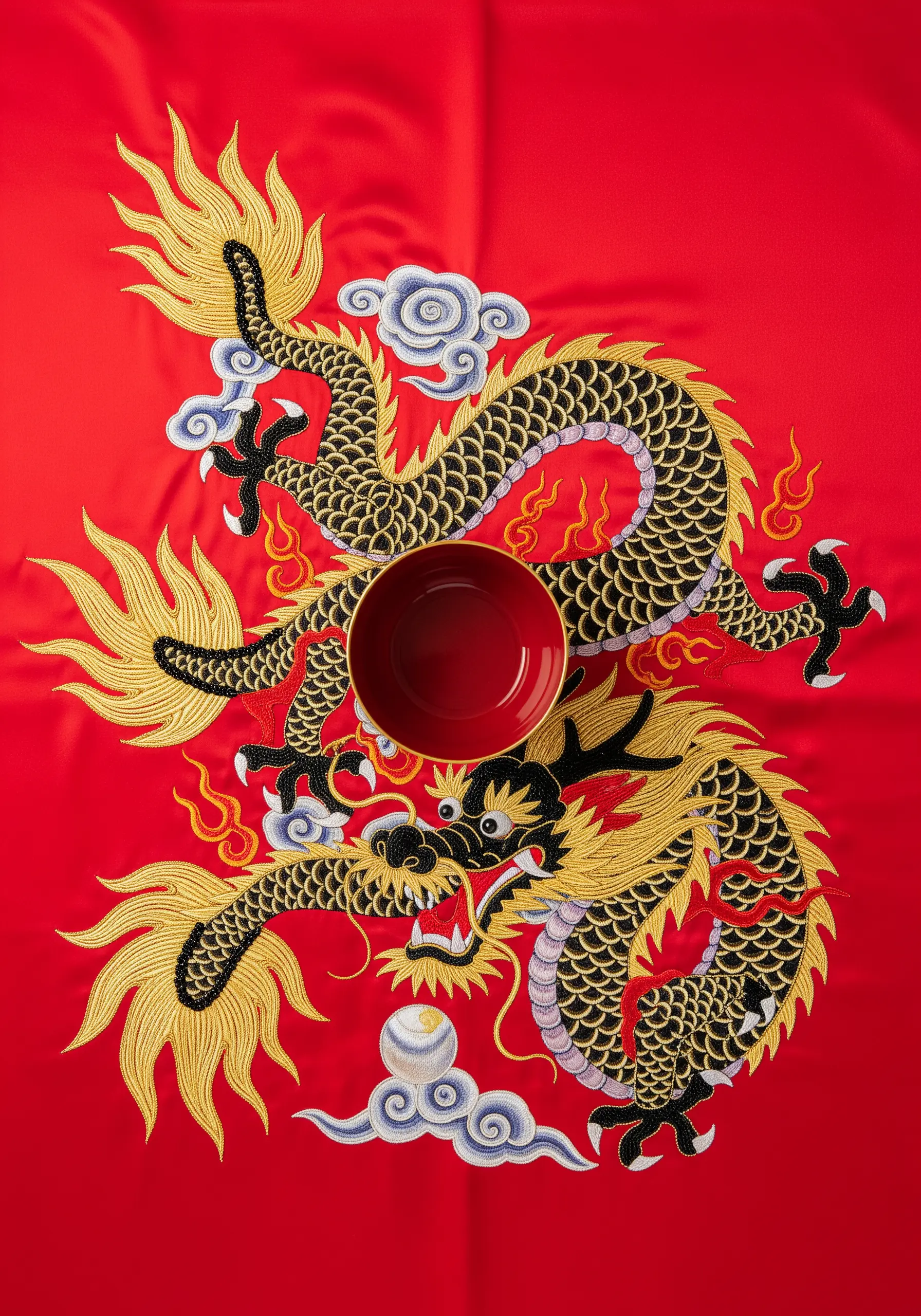 An intricately embroidered Chinese dragon in gold, black, and blue on red satin.