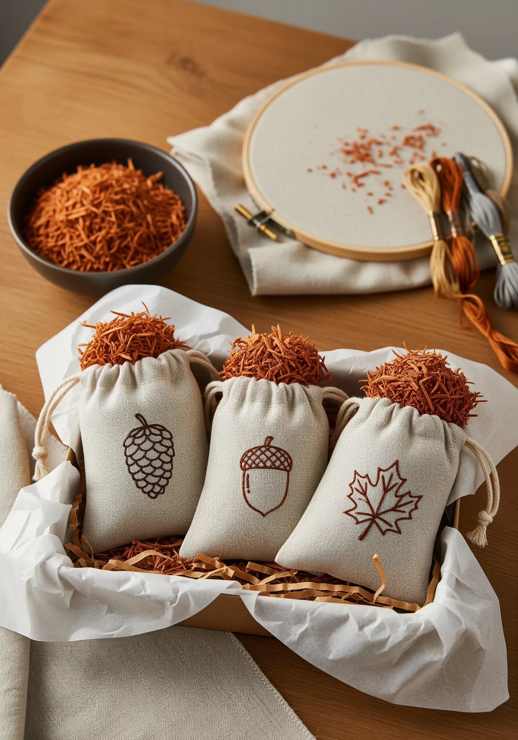 Three small linen drawstring bags with simple outline embroidery of autumn motifs.