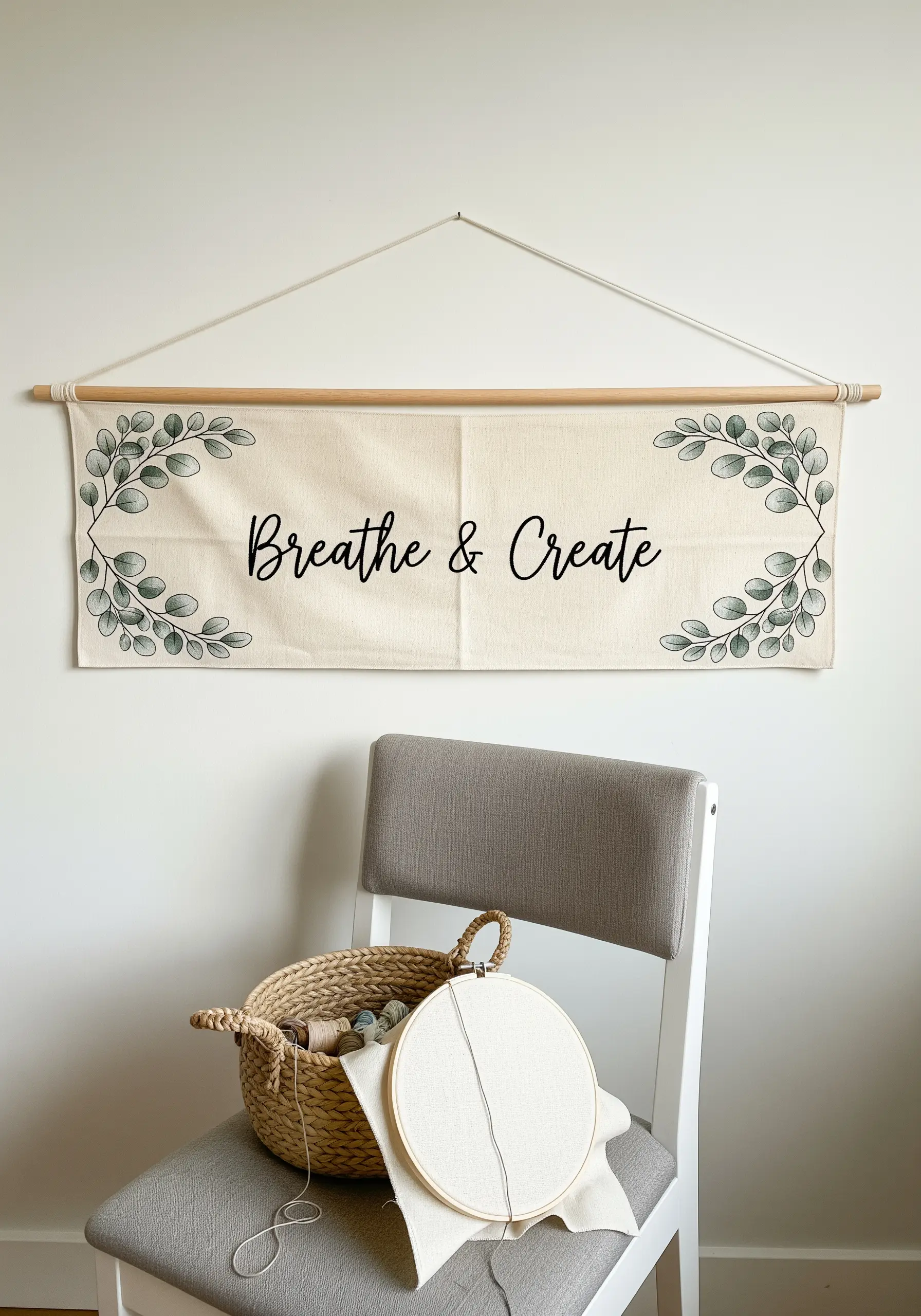 A large canvas banner hanging on a wall with the words 'Breathe & Create' and leafy borders.