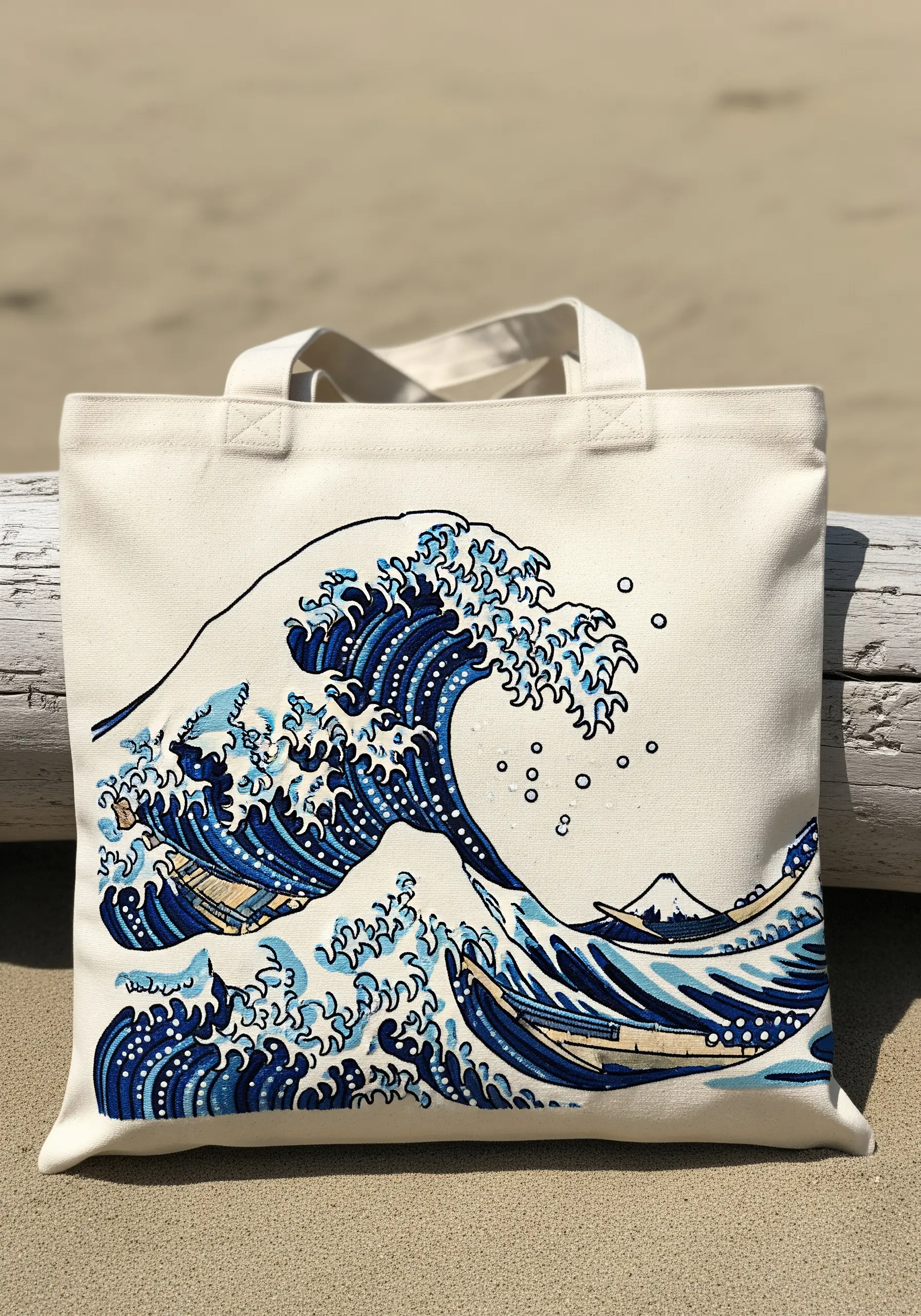 A canvas tote bag featuring an embroidered version of Hokusai's 'The Great Wave'.