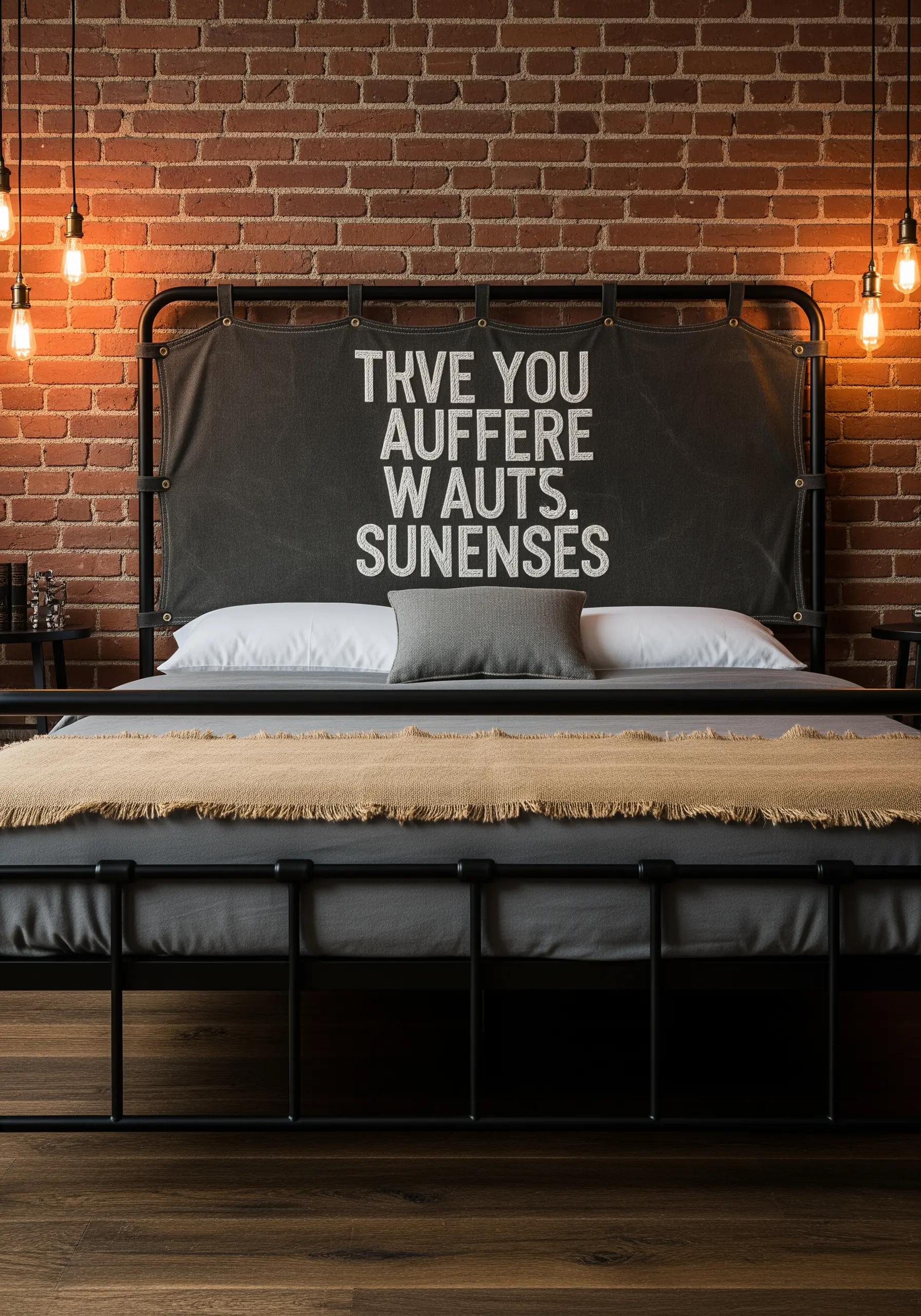 Bold, white, sans-serif typography stitched on a dark gray canvas headboard.