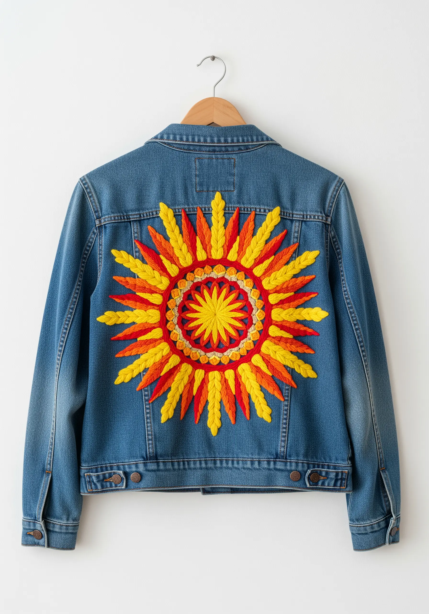 A large, vibrant sun mandala in red, orange, and yellow stitched on the back of a denim jacket.