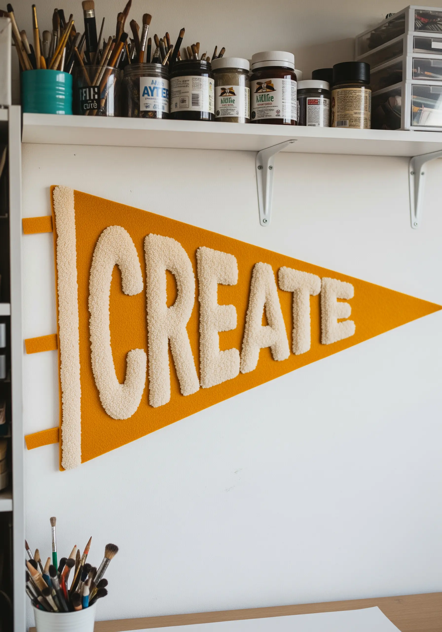 A yellow felt pennant with the word 'CREATE' in plush, white punch needle letters.