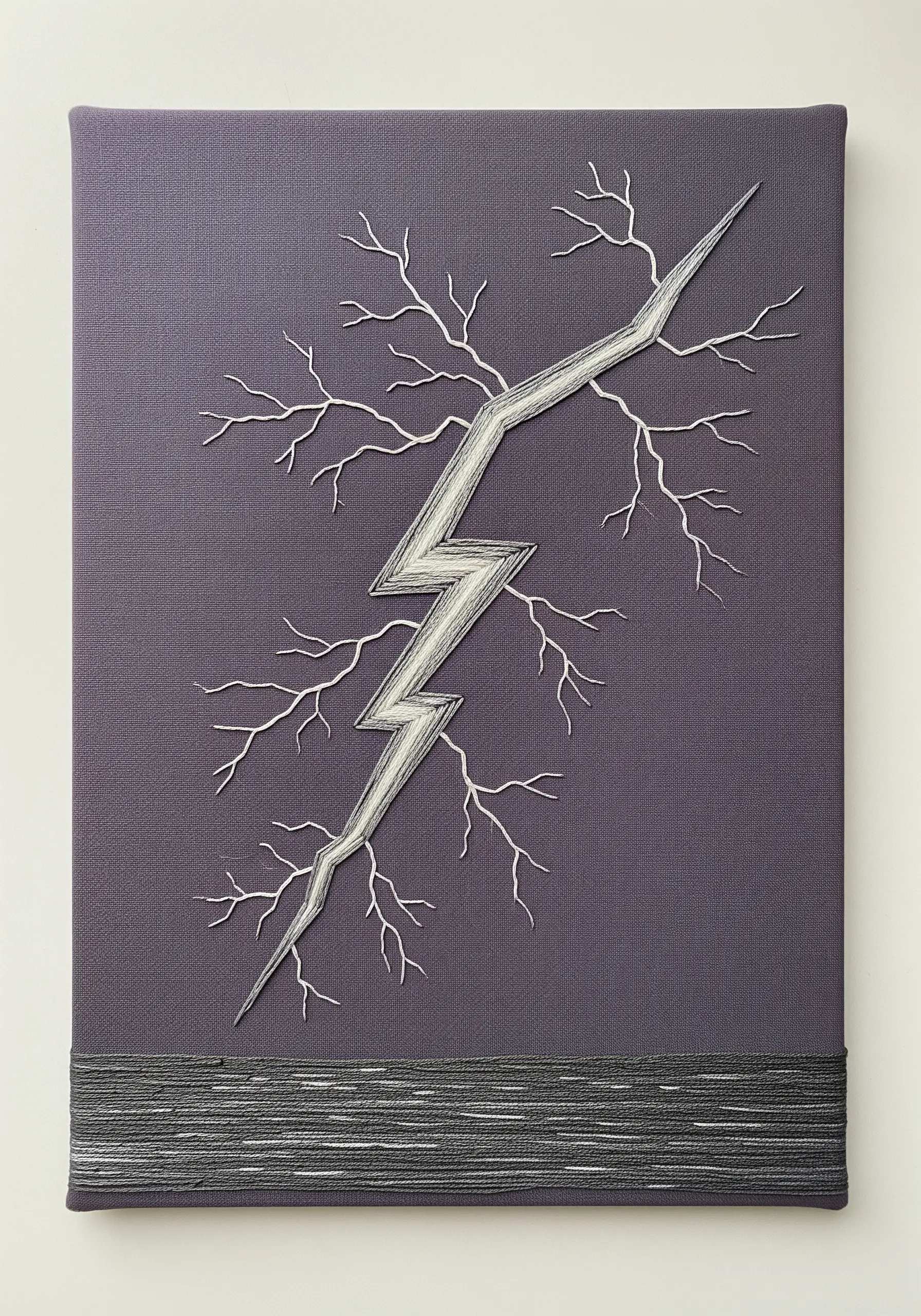 Minimalist art of a lightning bolt on grey canvas, created with couched white and grey threads.