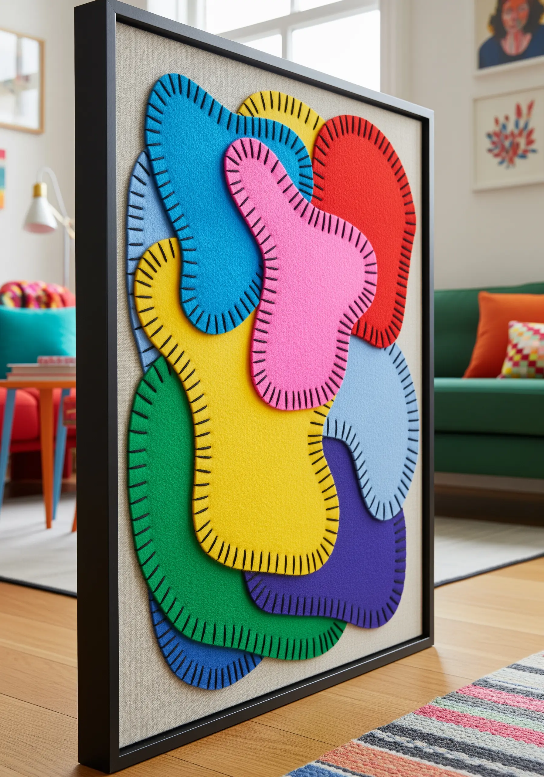 Framed wall art made of colorful, overlapping felt shapes outlined with a thick black blanket stitch.