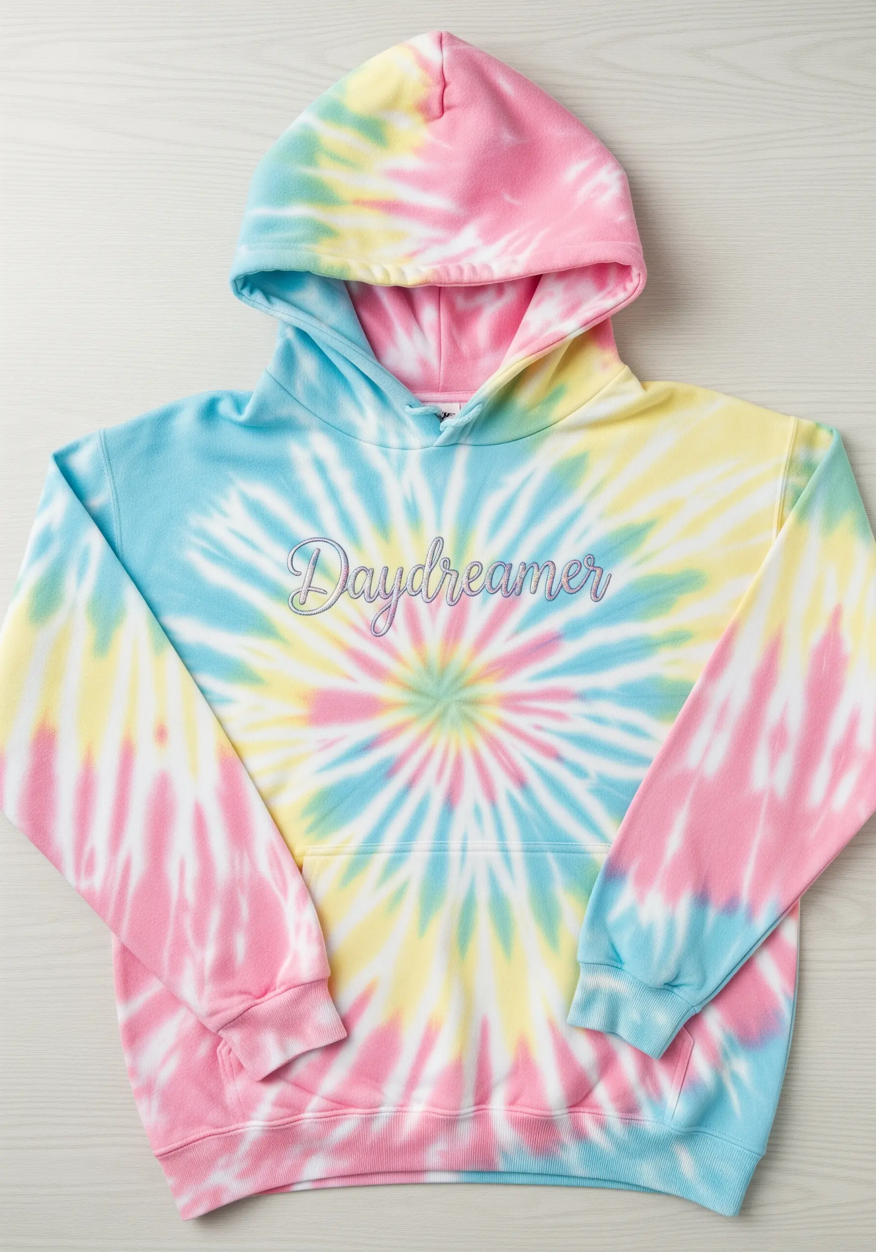 The word 'Daydreamer' embroidered in script on a pastel tie-dye swirl hoodie.