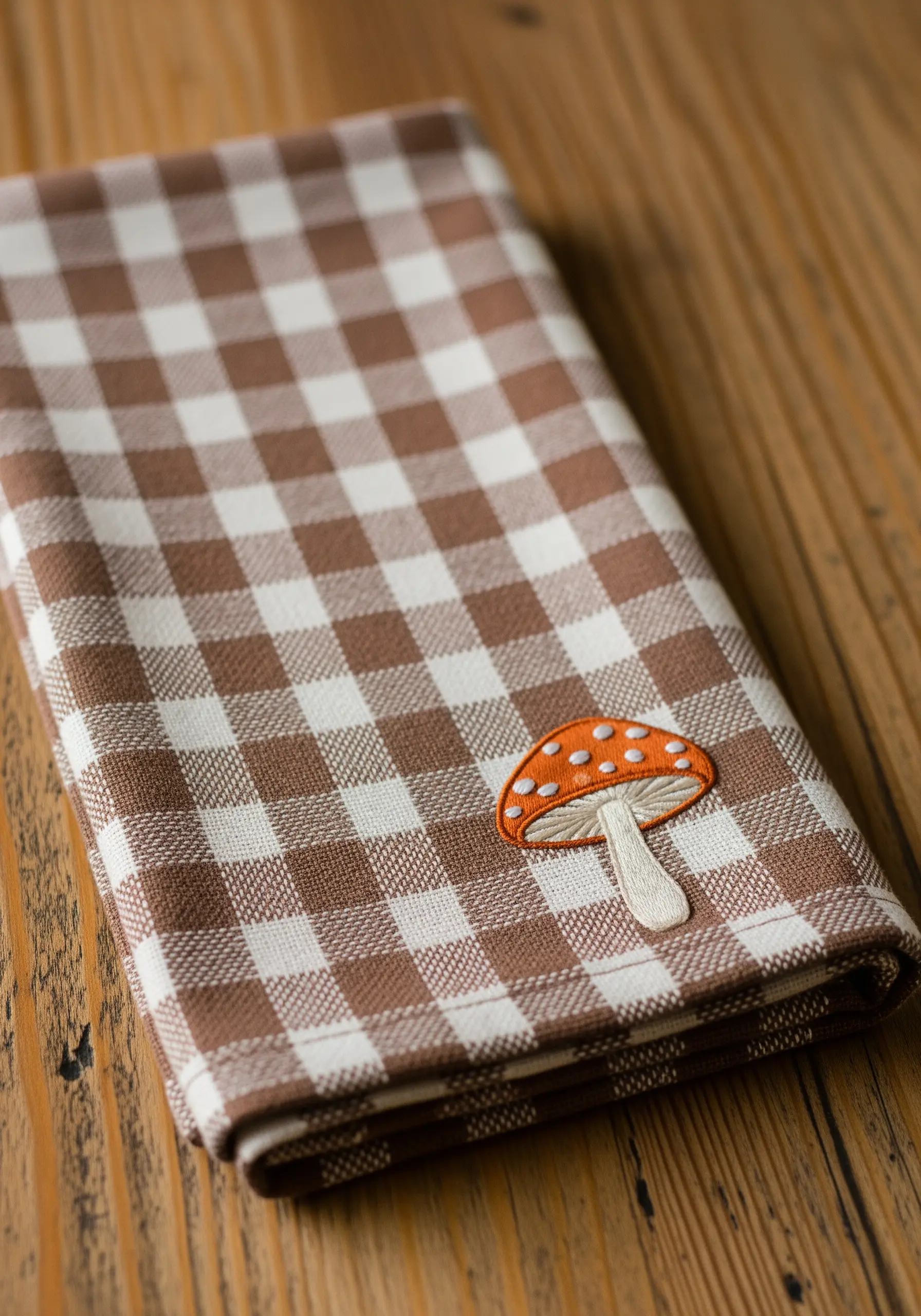 A small, whimsical mushroom embroidered onto a brown and white gingham kitchen towel.