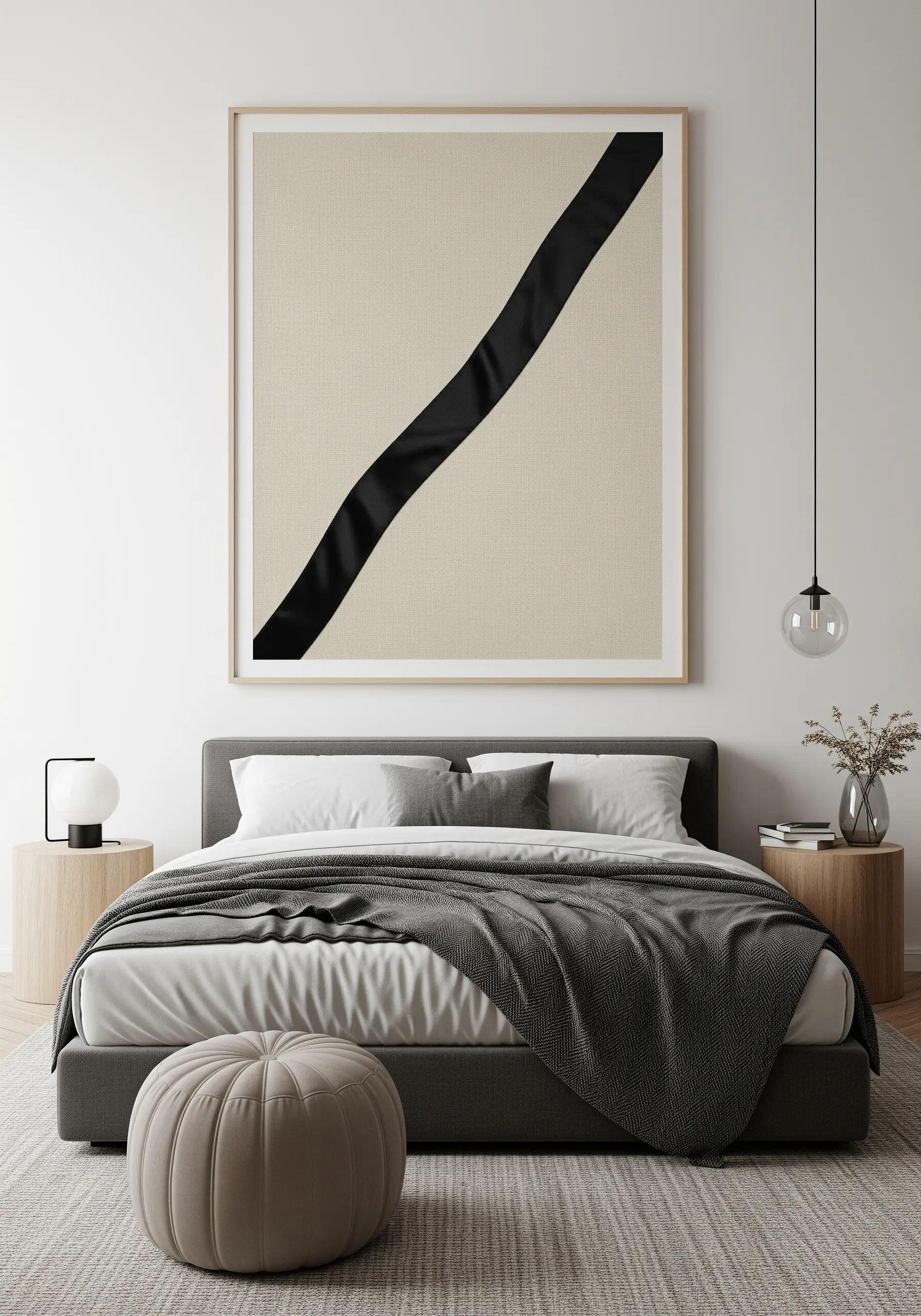A large framed artwork with a single, bold black diagonal line on a neutral canvas.