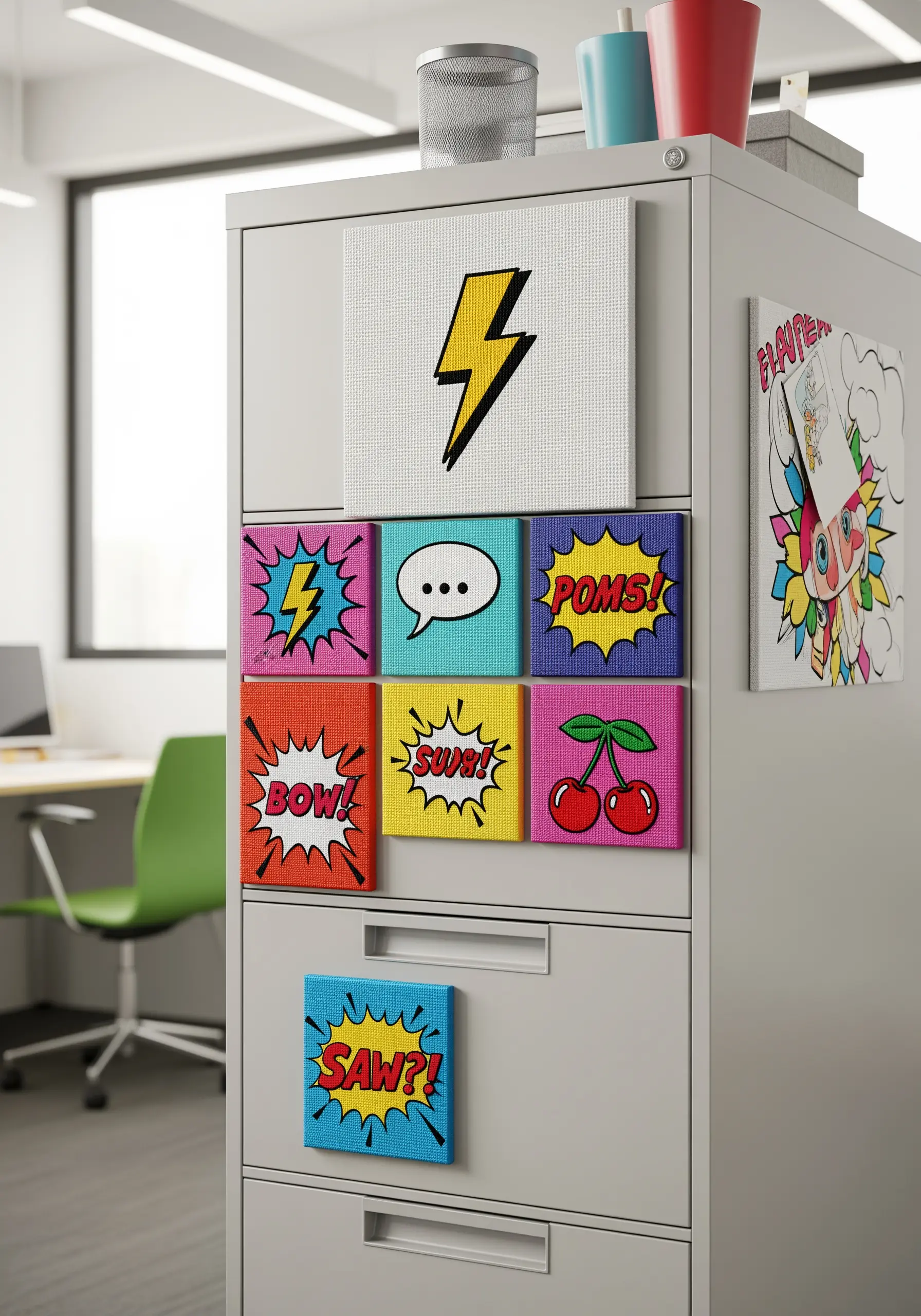 A set of colorful pop-art magnets embroidered with words like 'POW!'.