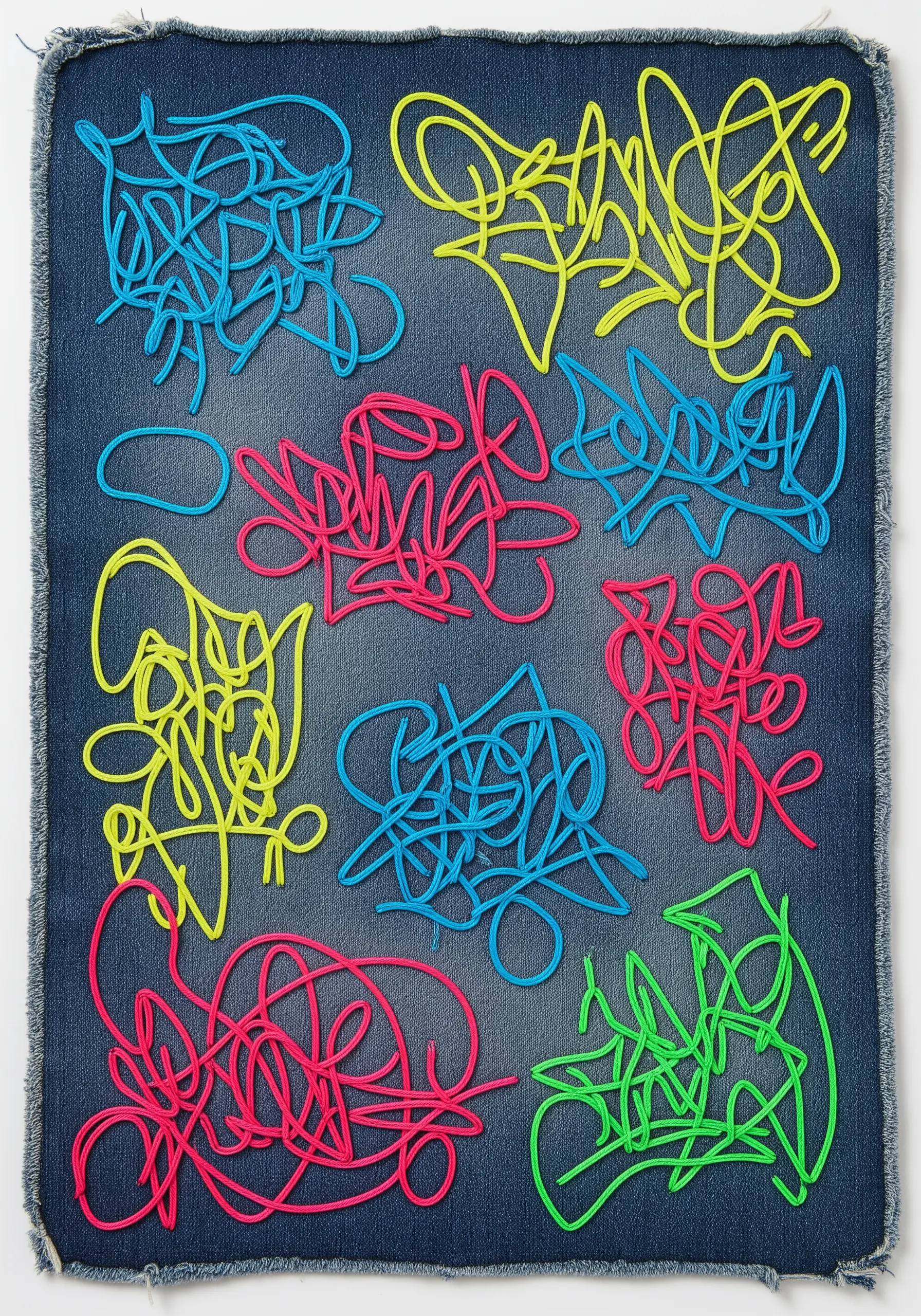 Neon yellow, blue, pink, and green thread scribbles couched onto a piece of dark denim fabric