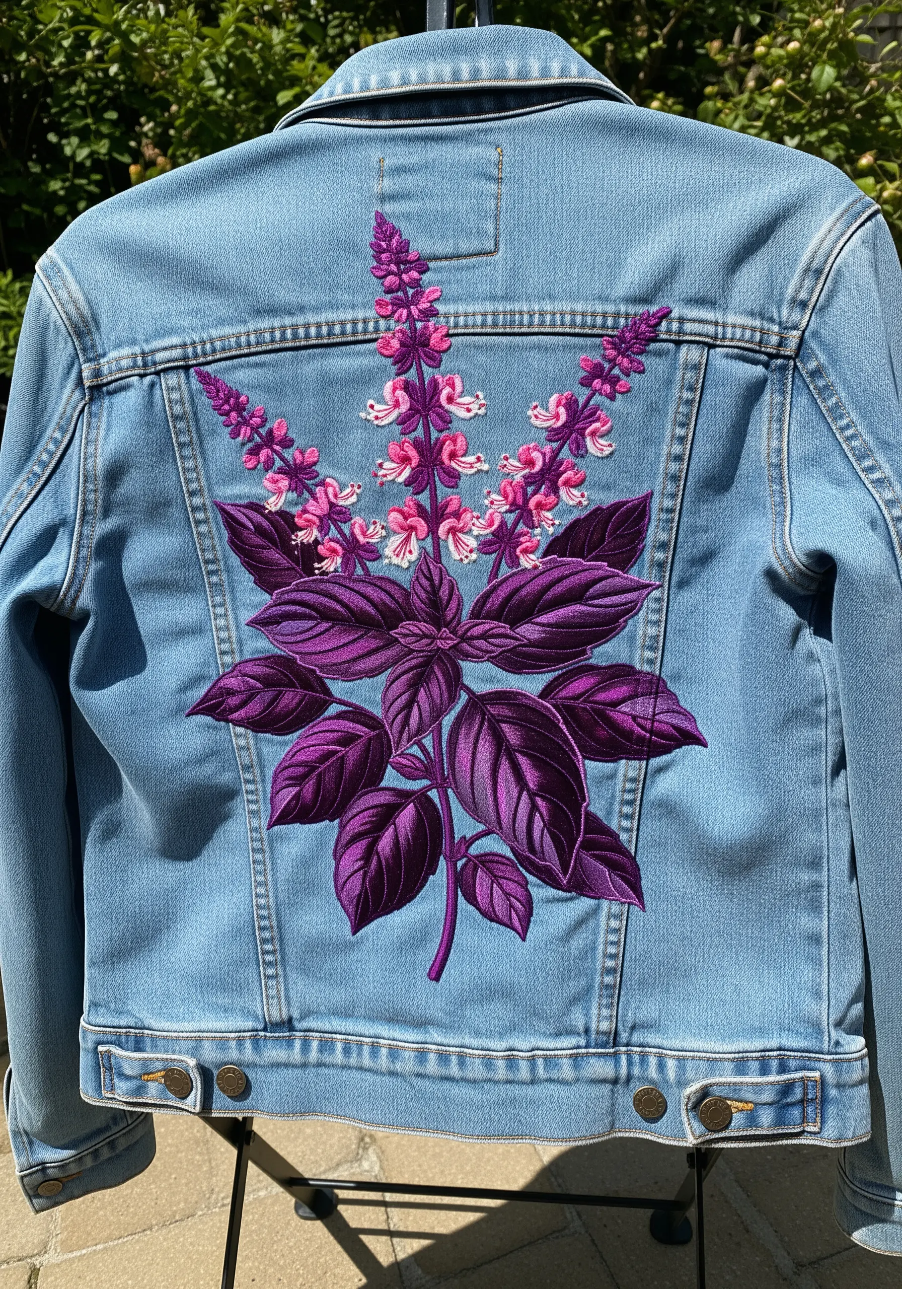 A large, vibrant purple basil plant with pink flowers embroidered on a denim jacket back.