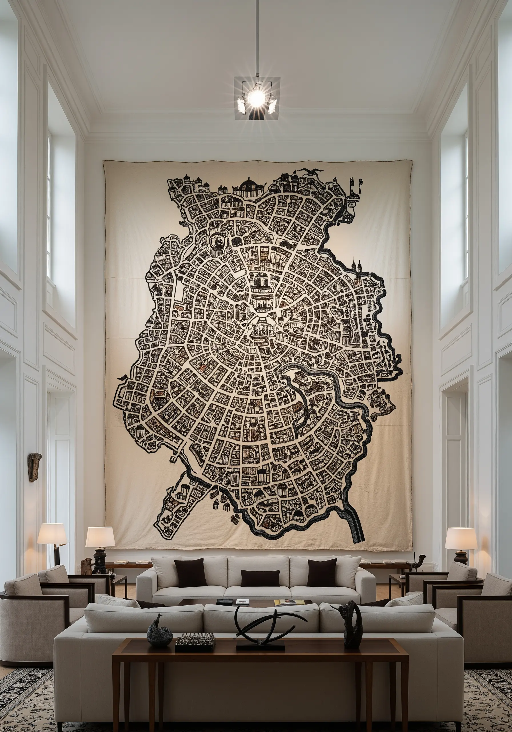 An enormous wall tapestry of a vintage city map stitched in black thread.