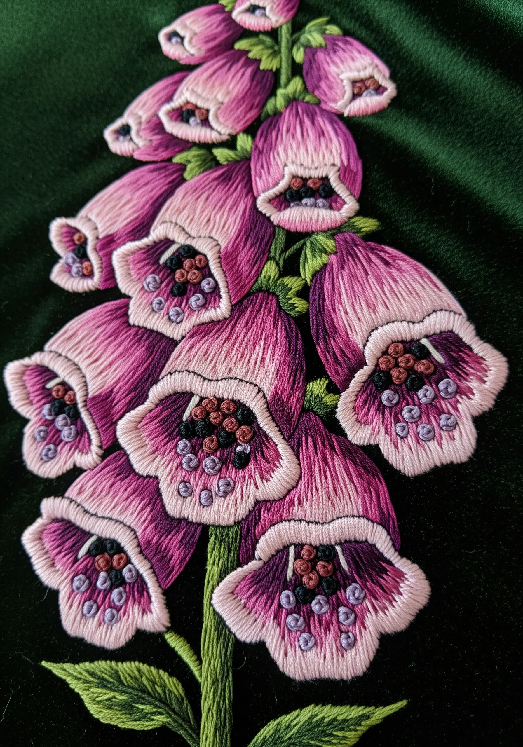 Pink and purple foxglove embroidery on dark green velvet fabric