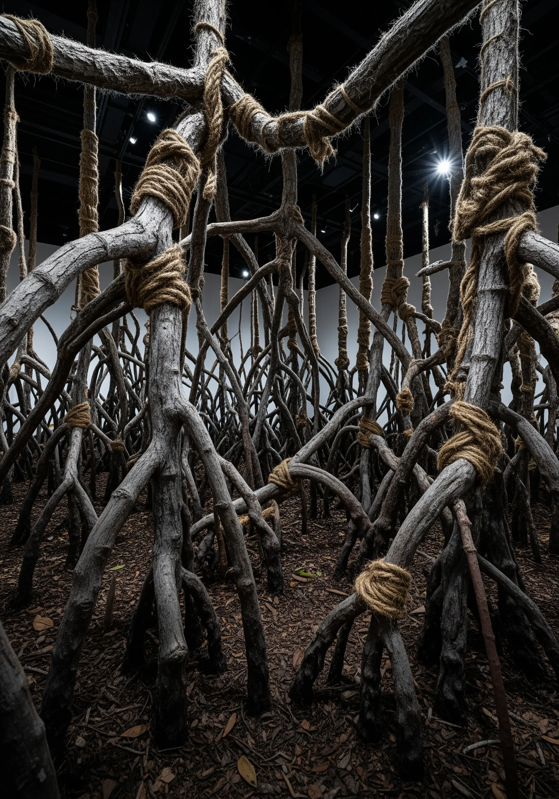 An installation of sculptural mangrove roots made from wood and wrapped with twine.