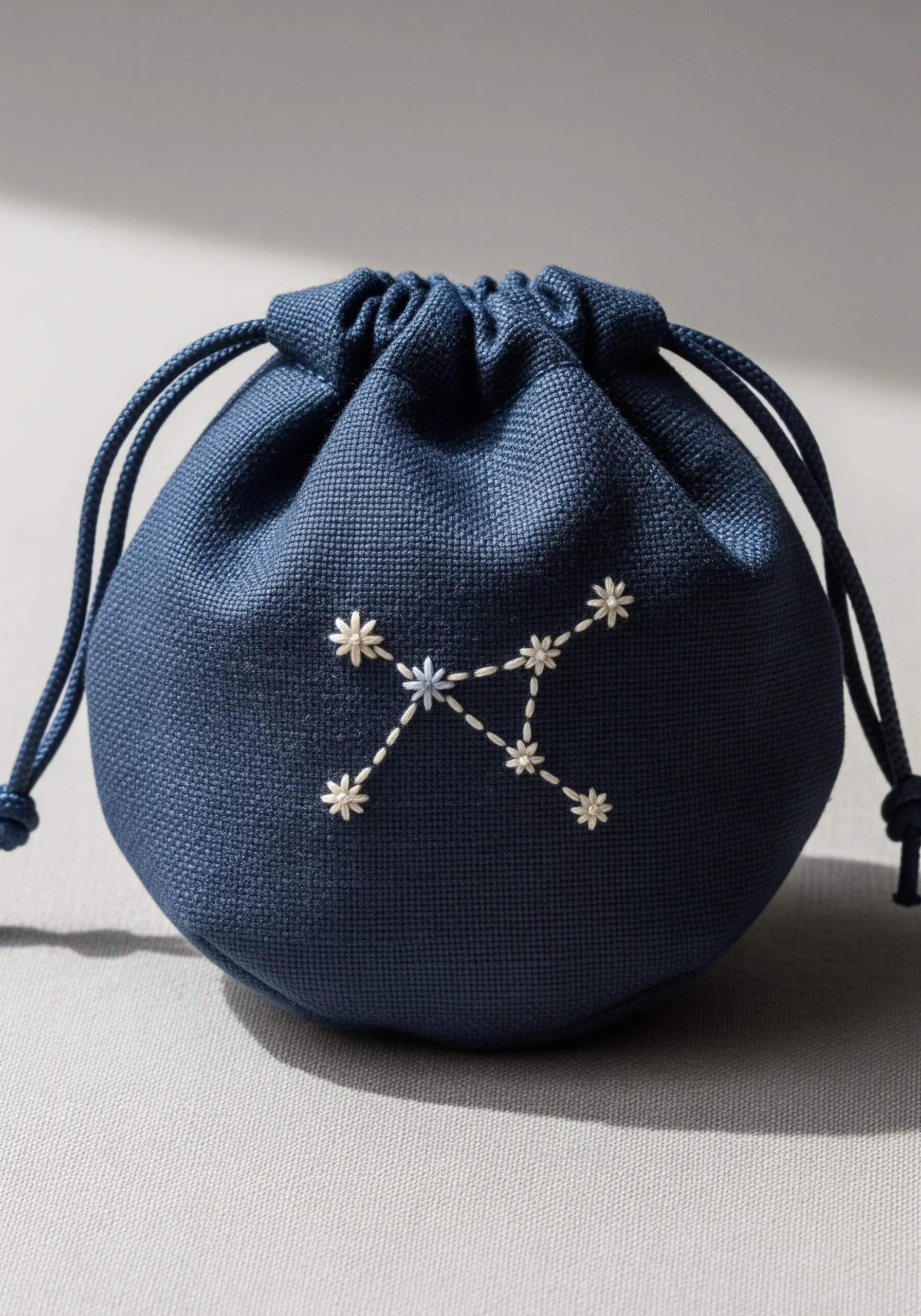 A star constellation embroidered in white thread on a navy blue drawstring pouch.