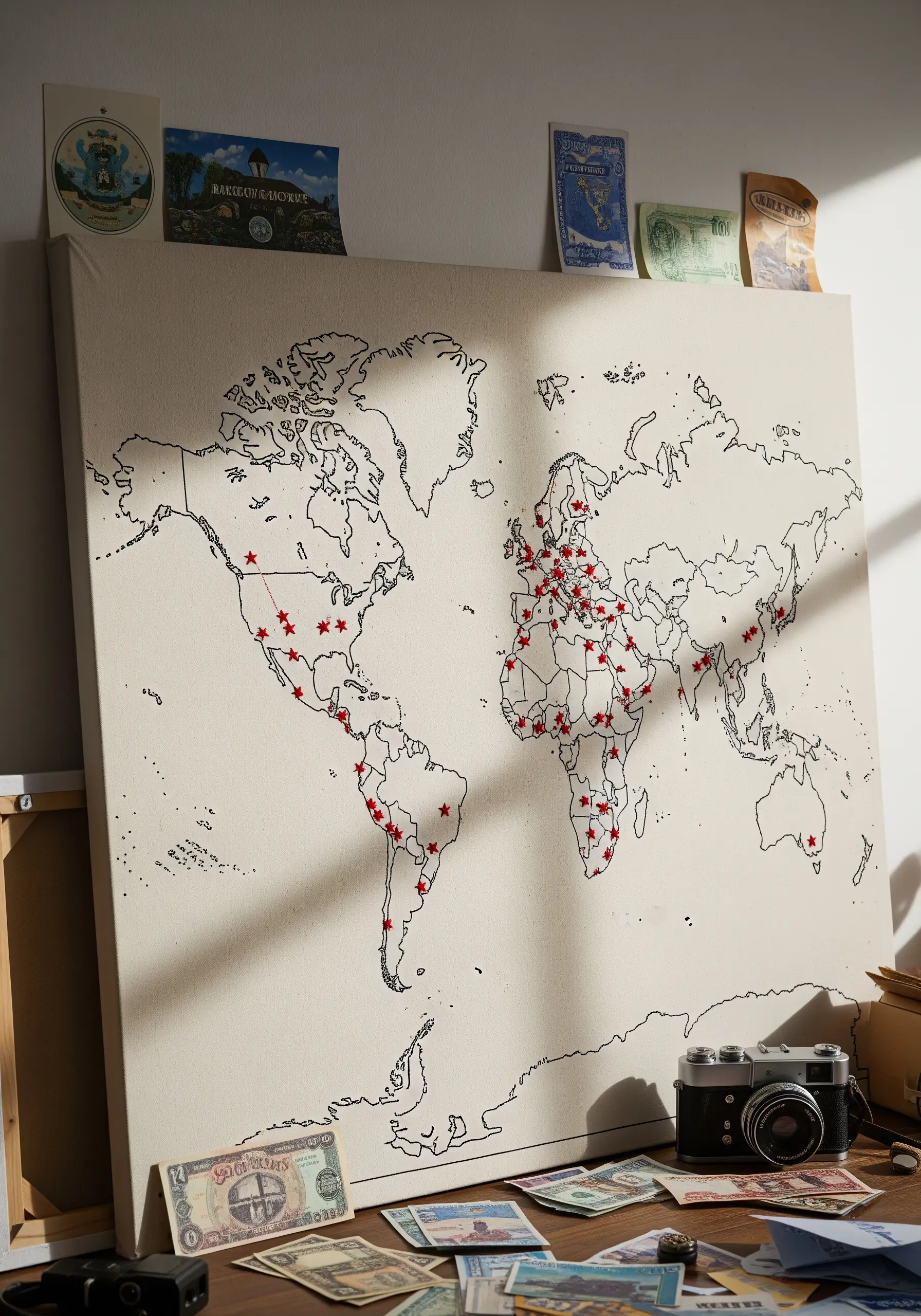 A large canvas world map with locations marked by small, embroidered red stars.