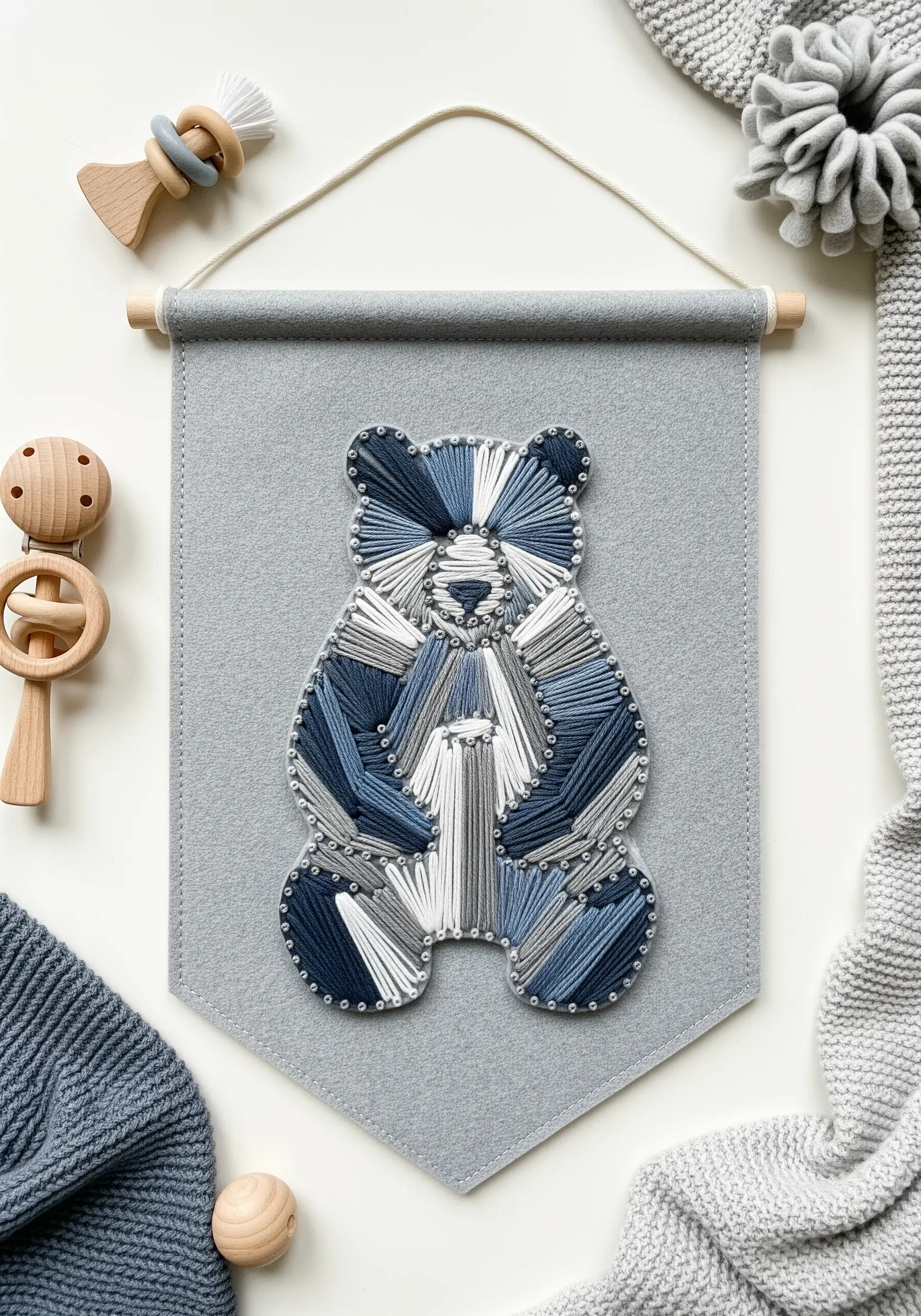 Embroidered bear on a grey felt banner using blue and white color-blocked stitches.