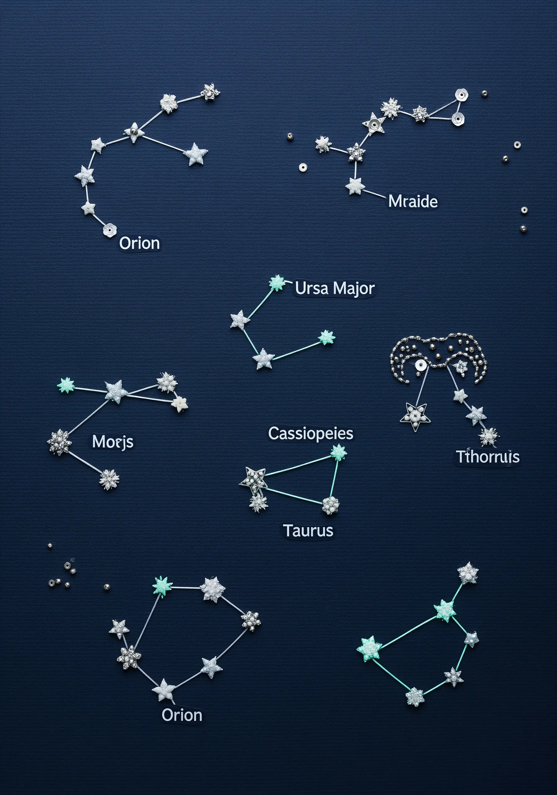 Various constellations stitched and beaded onto dark blue paper with connecting thread lines.