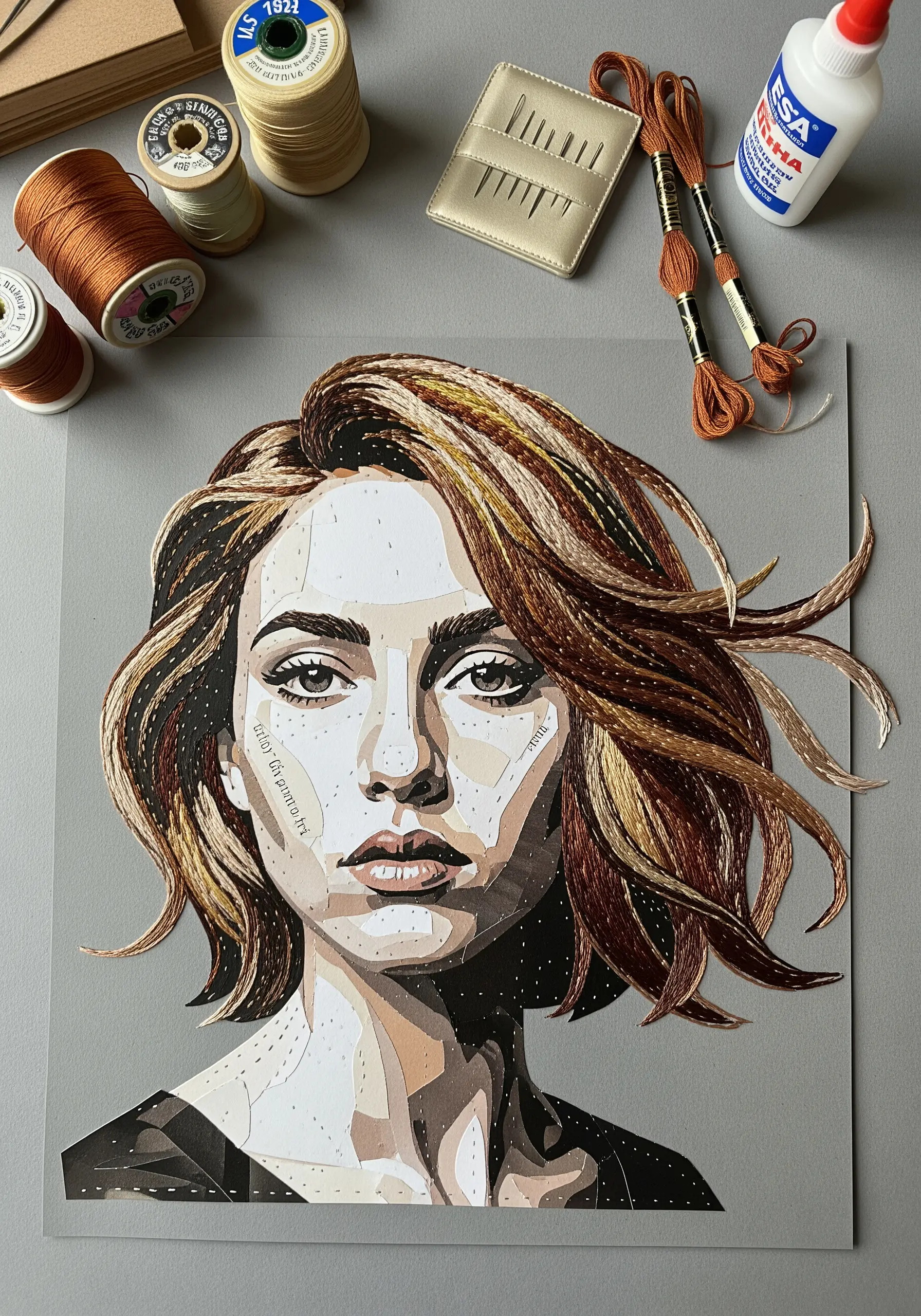 A portrait collage made from paper pieces with embroidery thread stitched through for hair and details.