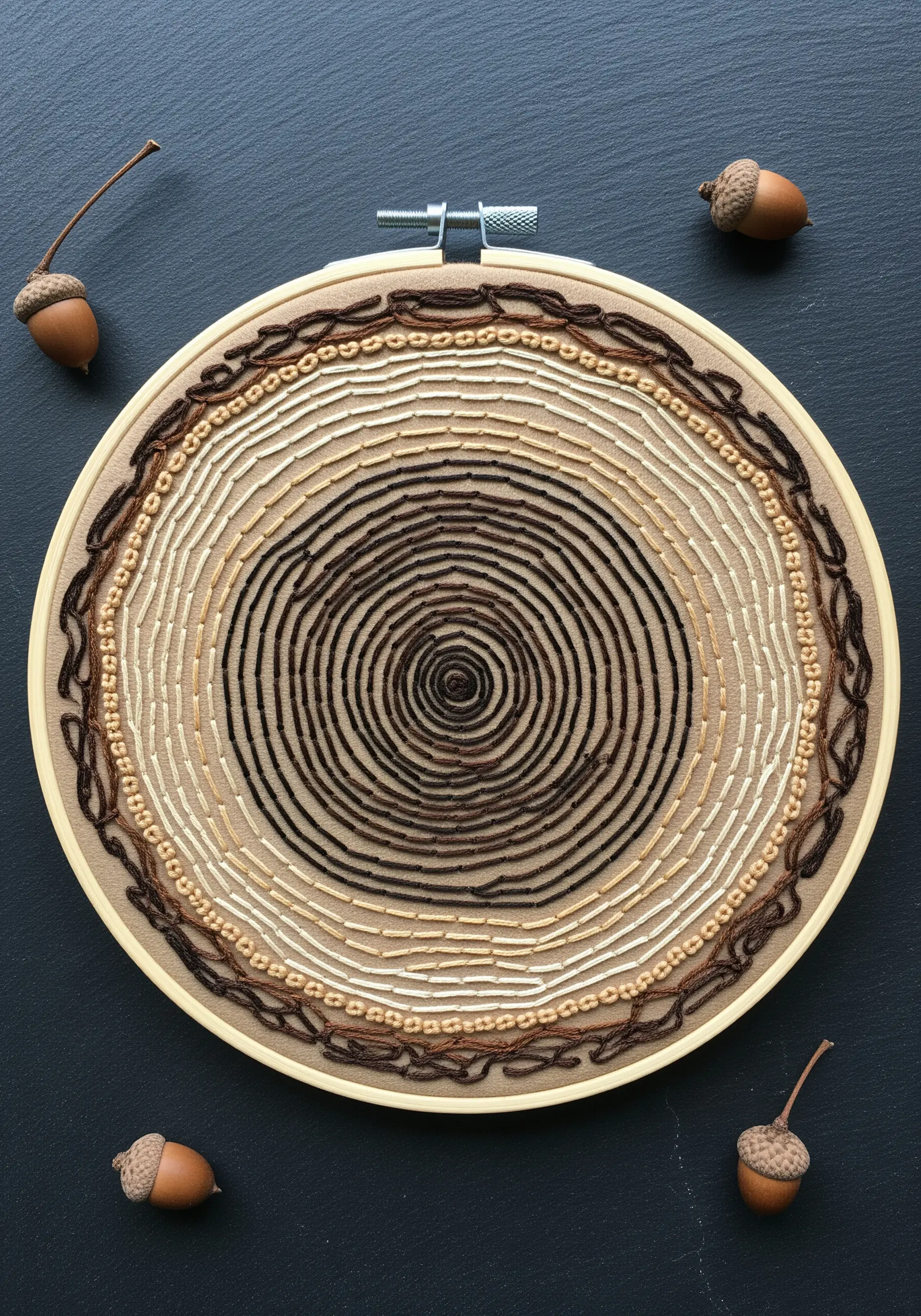 Embroidery of a tree's growth rings using concentric circles of backstitch in earthy tones.