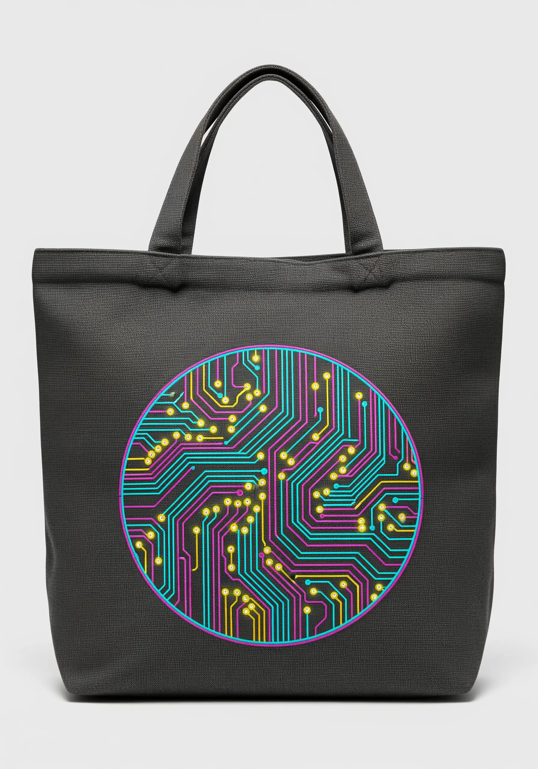 A circular circuit board design in neon pink, blue, and yellow on a black tote bag.