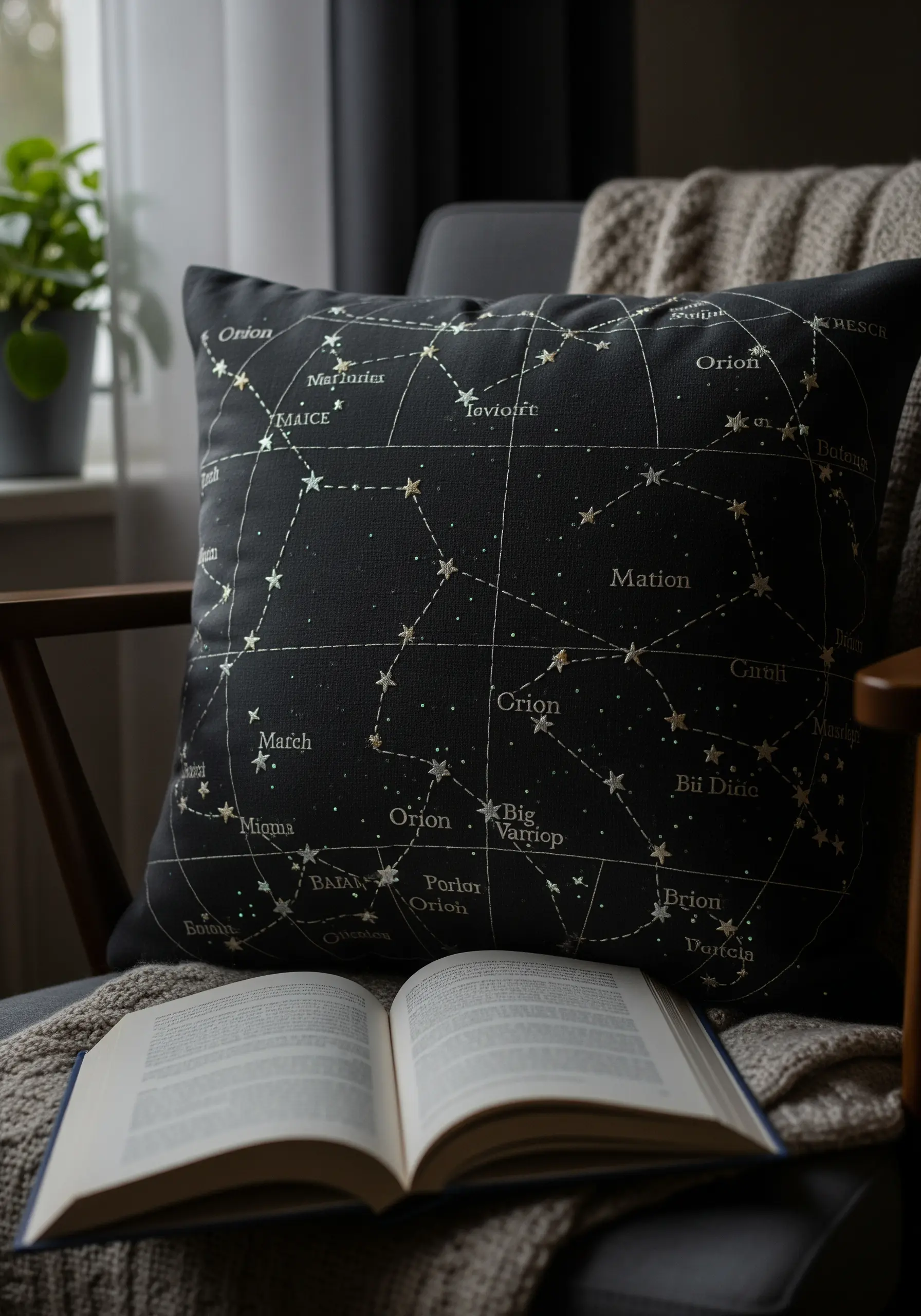 Orion constellation map embroidered in white and silver on a black cushion.