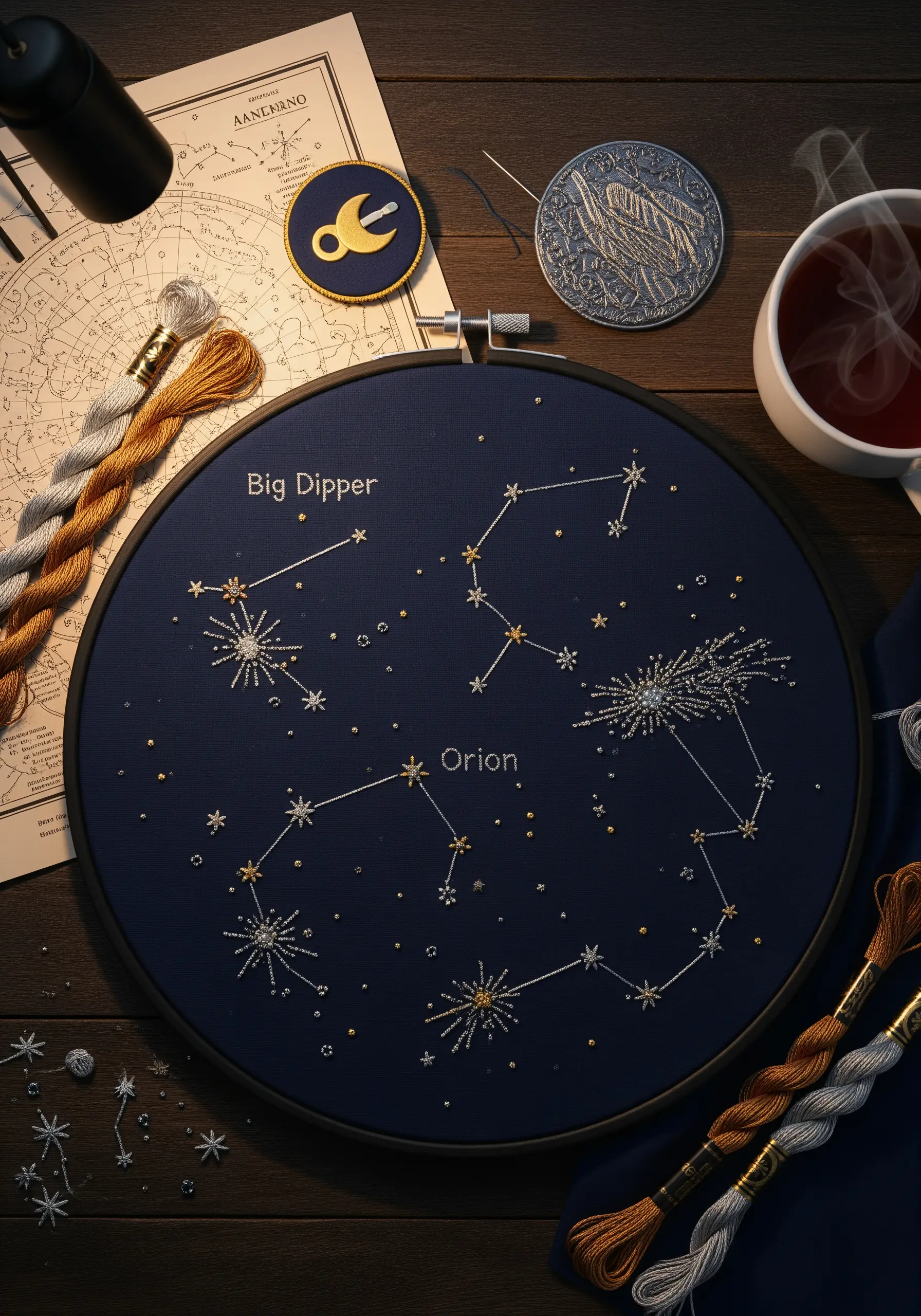 Embroidery of the Big Dipper and Orion constellations on dark blue fabric.