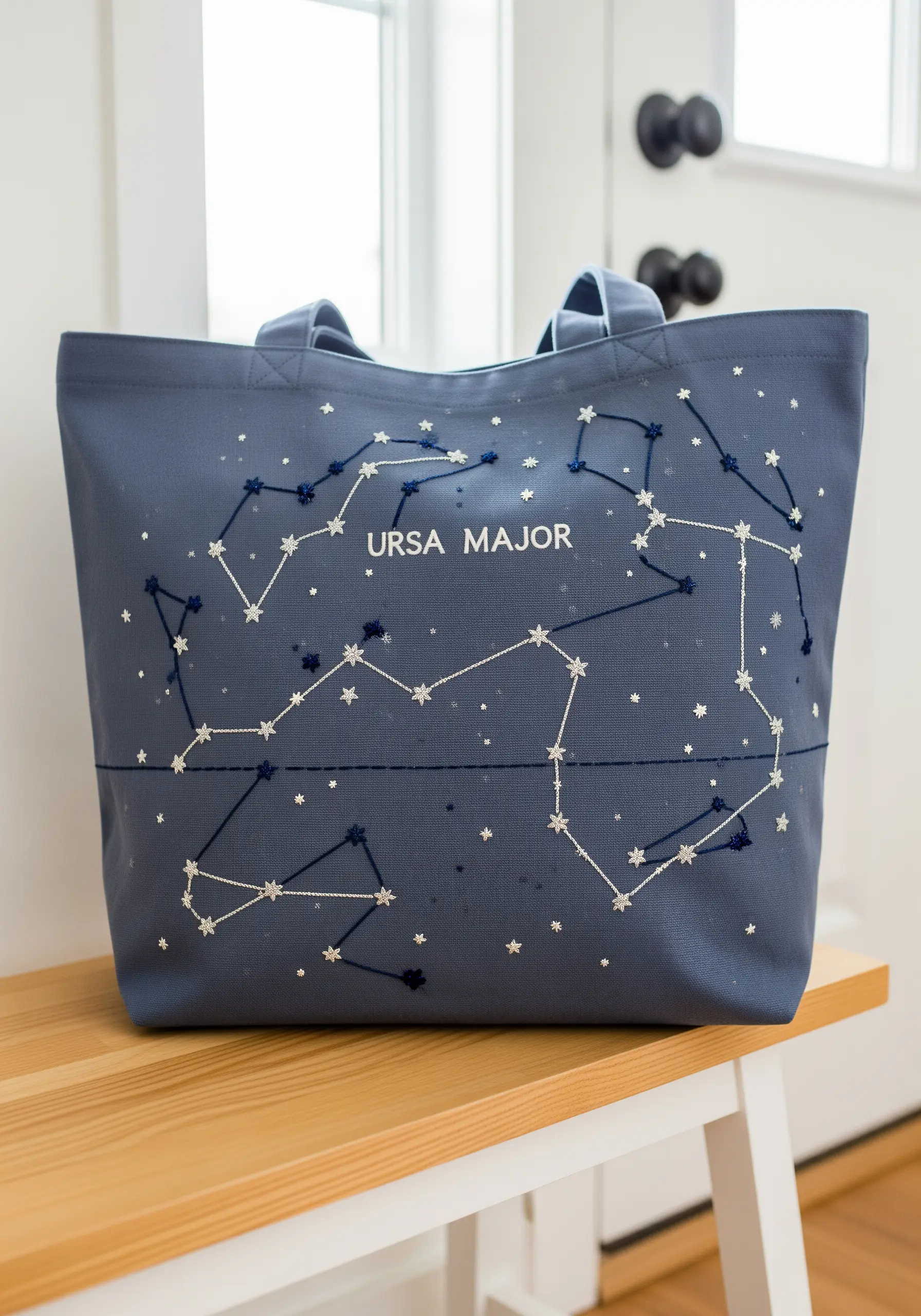 A blue canvas tote bag embroidered with the Ursa Major constellation and scattered stars.
