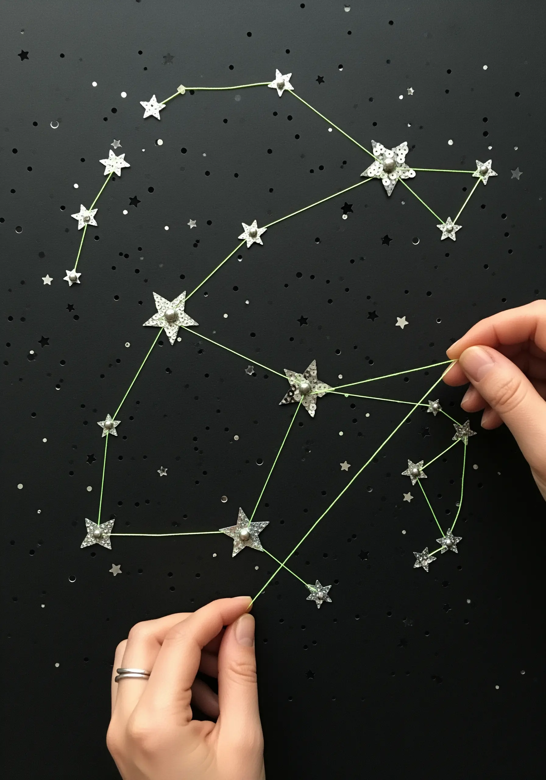 Hands creating string art constellations with neon green thread and star sequins on a black board.